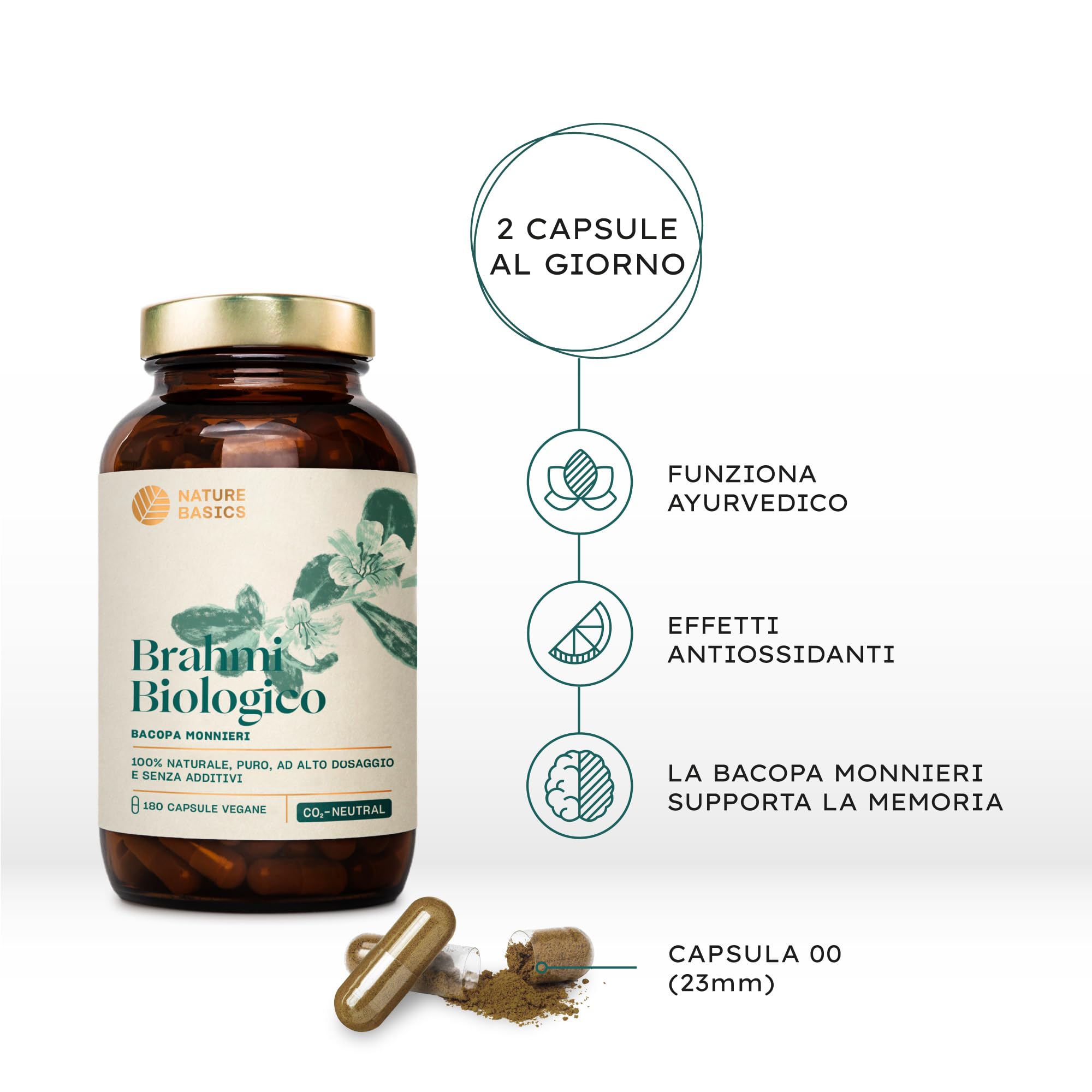 Bio Brahmi – 180 capsule ad alto dosaggio / 1000 mg Brahmi Bacopa Monnieri per dose giornaliera/Ayurveda integratore alimentare/vegano, certificato e sostenibile in vetro