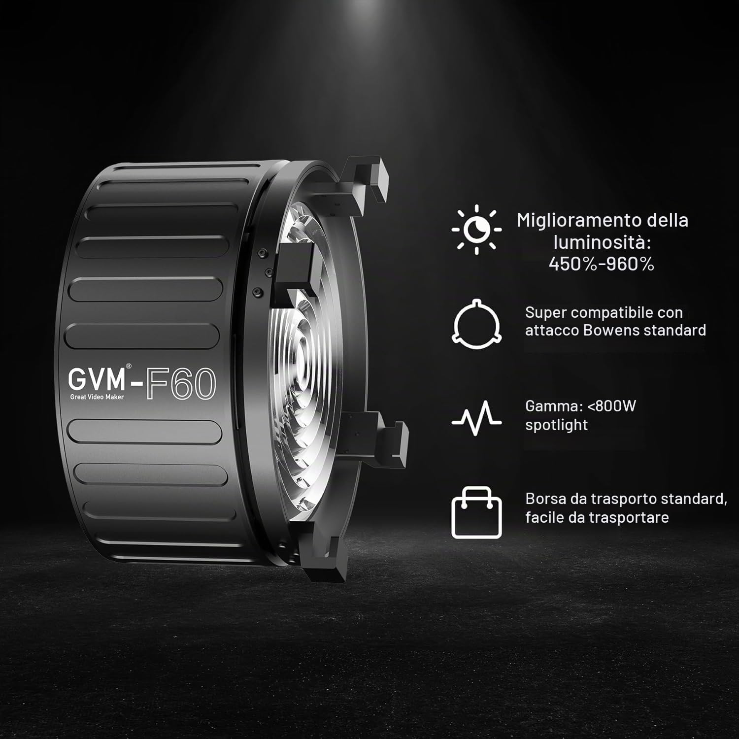 GVM - Lente Fresnel per luce video a LED con supporto Bowens, compatibile con PROSD400B, 500B, 650B, SD600D, SD600S, illuminazione di uscita continua per studio fotografico