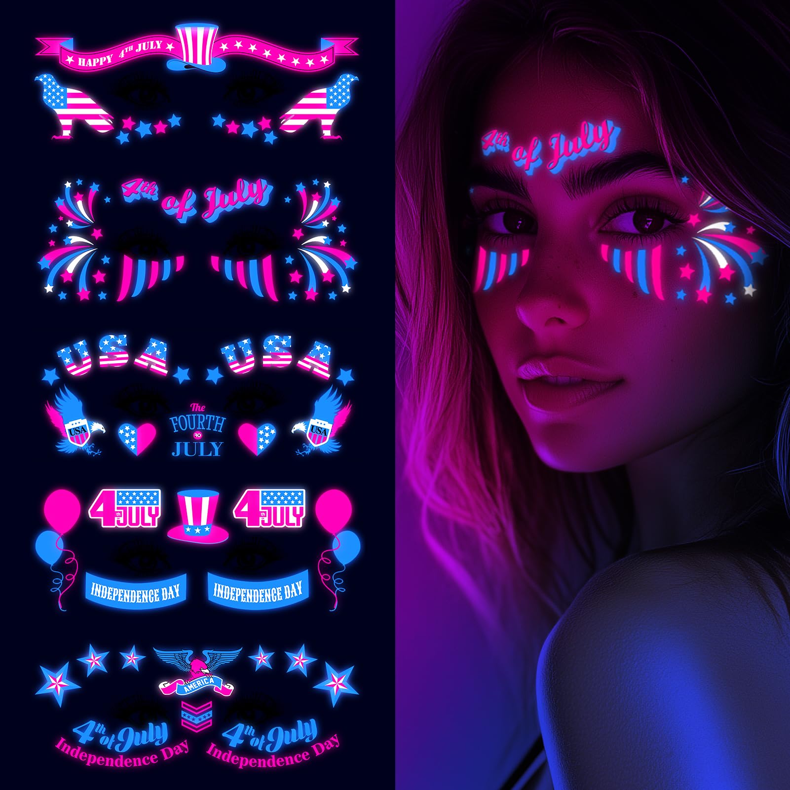EMOME 4th of July Decorations, 5 Sheets 4th of July Temporary Tattoos Glow in the UV Black Light, Independence Day Neon Face Paint Tattoos Stickers