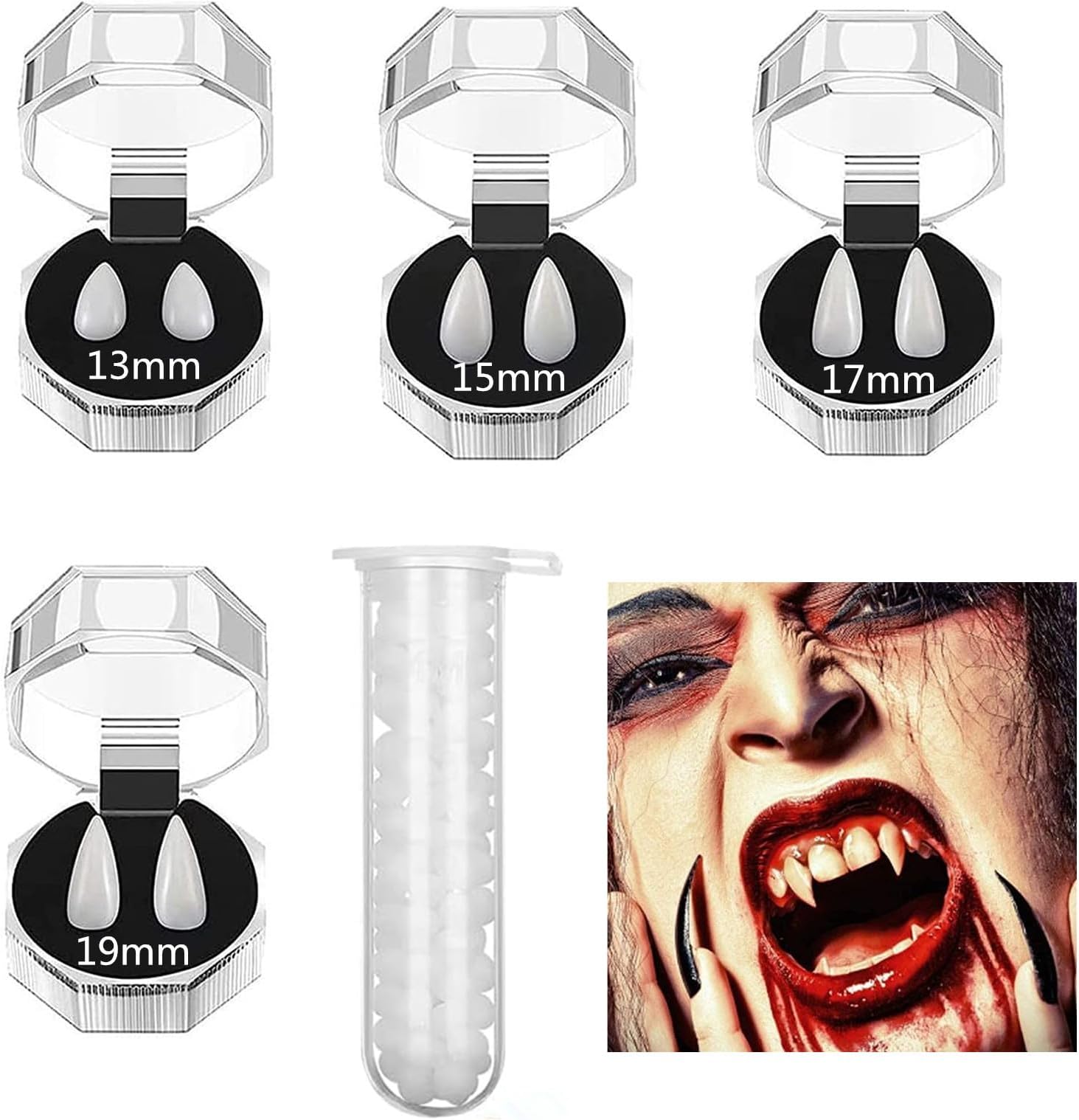 4 Pair Halloween Vampire Fangs with Adhesive, Reusable Vampire Teeth for Halloween Party Cosplay Favors Dress Up Accessories Prop Decoration Gift (13/15/17/19mm)