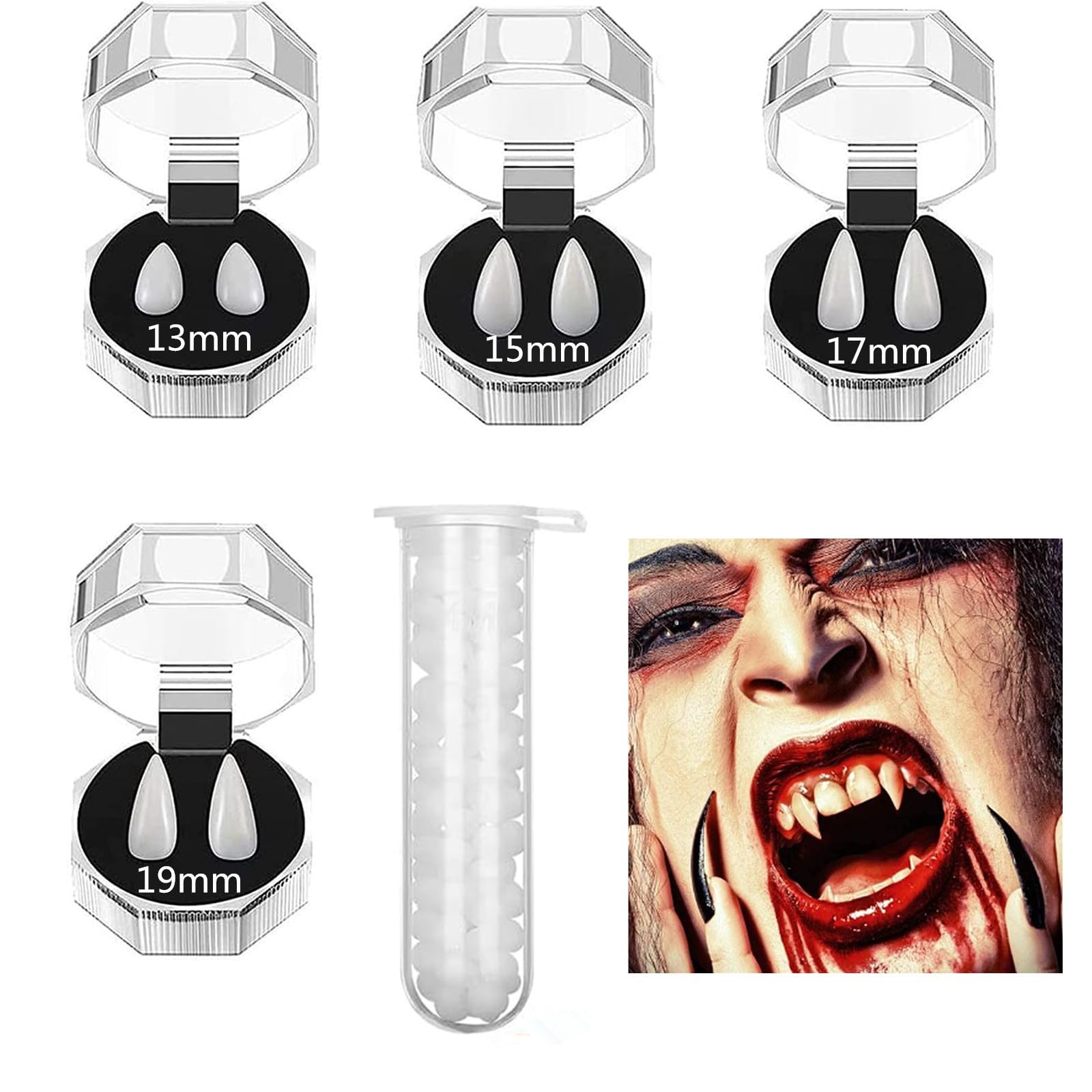 Gutecomuik 4 Pair Halloween Vampire Fangs with Adhesive, Reusable Vampire Teeth for Halloween Party Cosplay Favors Dress Up Accessories Prop Decoration Gift (13/15/17/19mm)