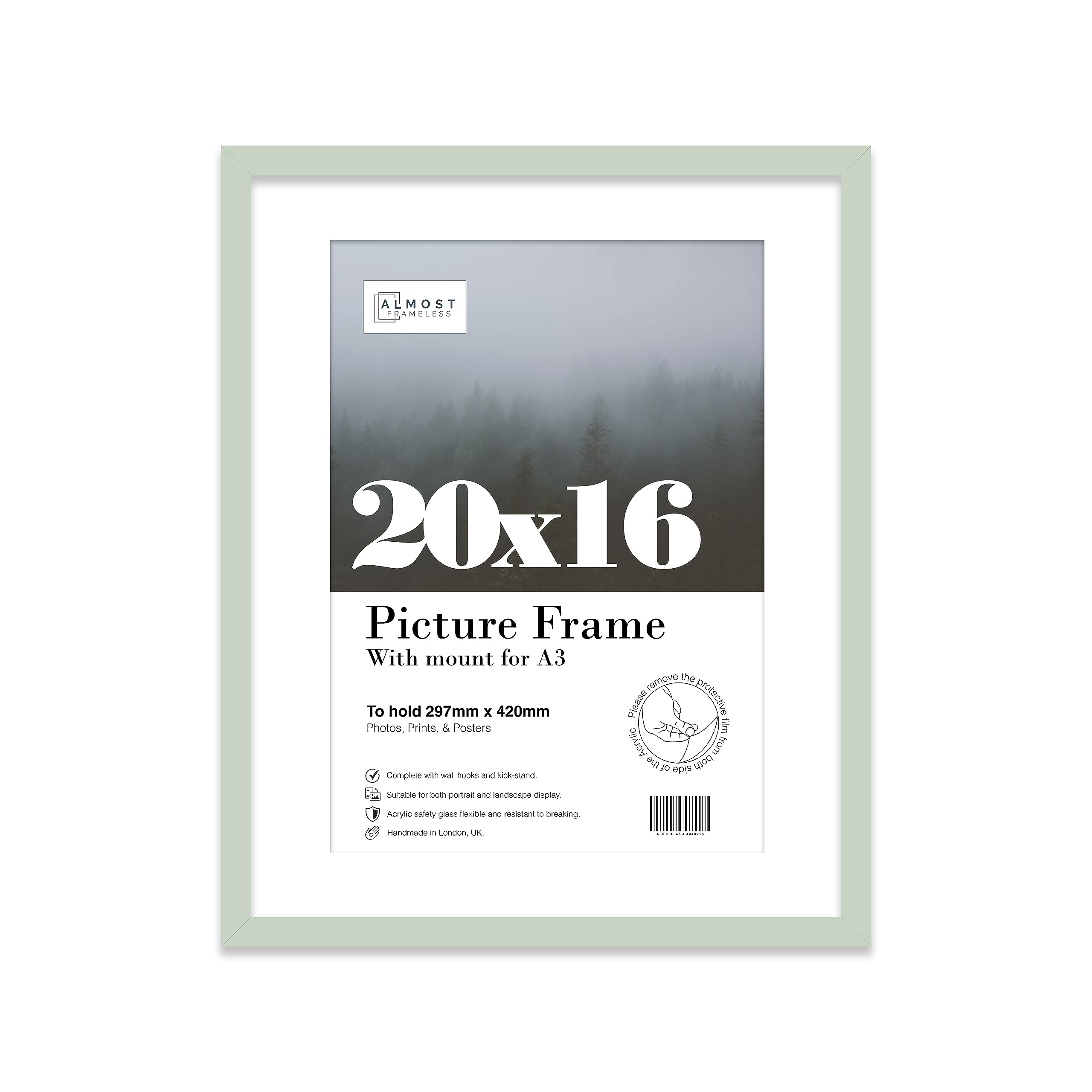 Almost Frameless 20x16 Mint Picture Frame With Mount for A3 Print, Poster or Photo Poster, Photo, Artwork, or Print. Thin Edge Slim Frame Portrait and Landscape Display with Wall Hooks โ image 1