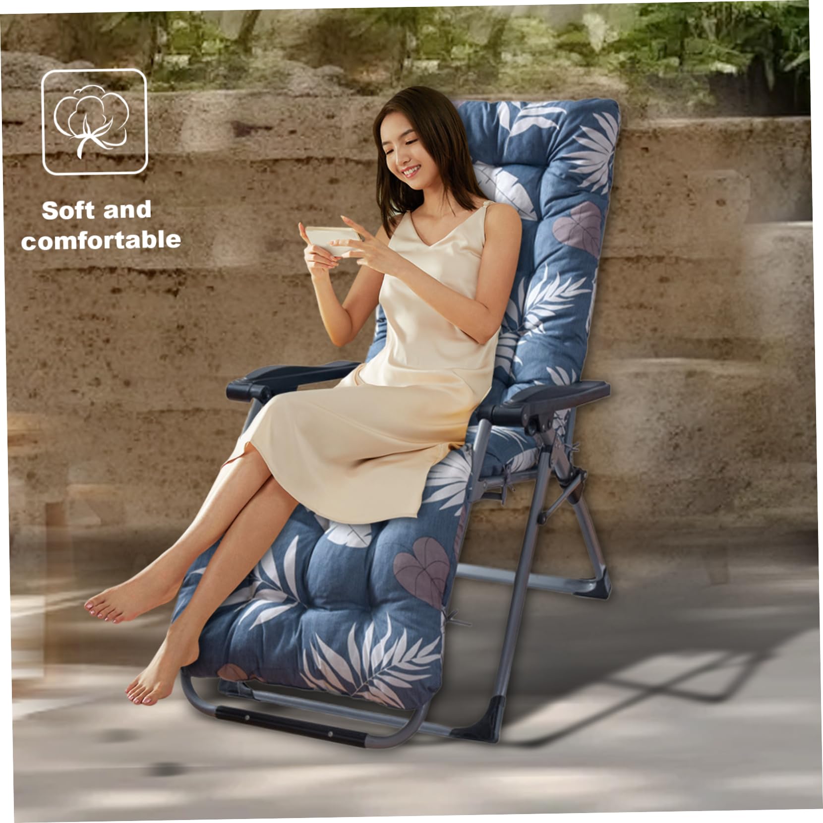 Cuscino per sedia a sdraio, solo 160 x 53 cm, spessore 8 cm, morbido cuscino per sedia da giardino con laccetti, antiscivolo con schienale alto, stile 1