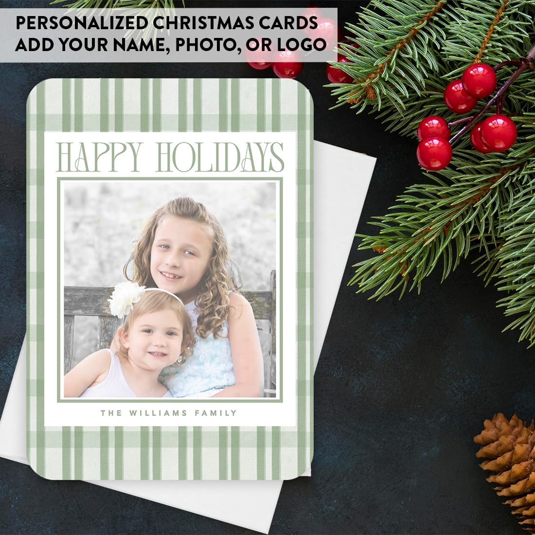 Andaz Press Personalized Christmas Cards with Envelopes, Green Tartan Photo Custom Holiday Cards, 5x7 Inch Thick Cardstock Bulk Boxed Holiday Greeting for Business Clients, Family, Teachers, 24-Pack