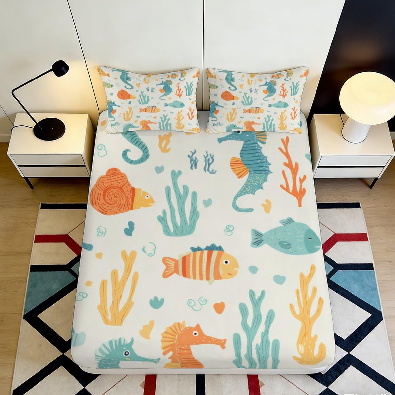 3D Printed Ocean Fish Fitted Sheet Microfiber Soft Breathable Coral Reef Mattress Cover for Bedroom Dorm Mattress Protection Decor 200x200x25cm