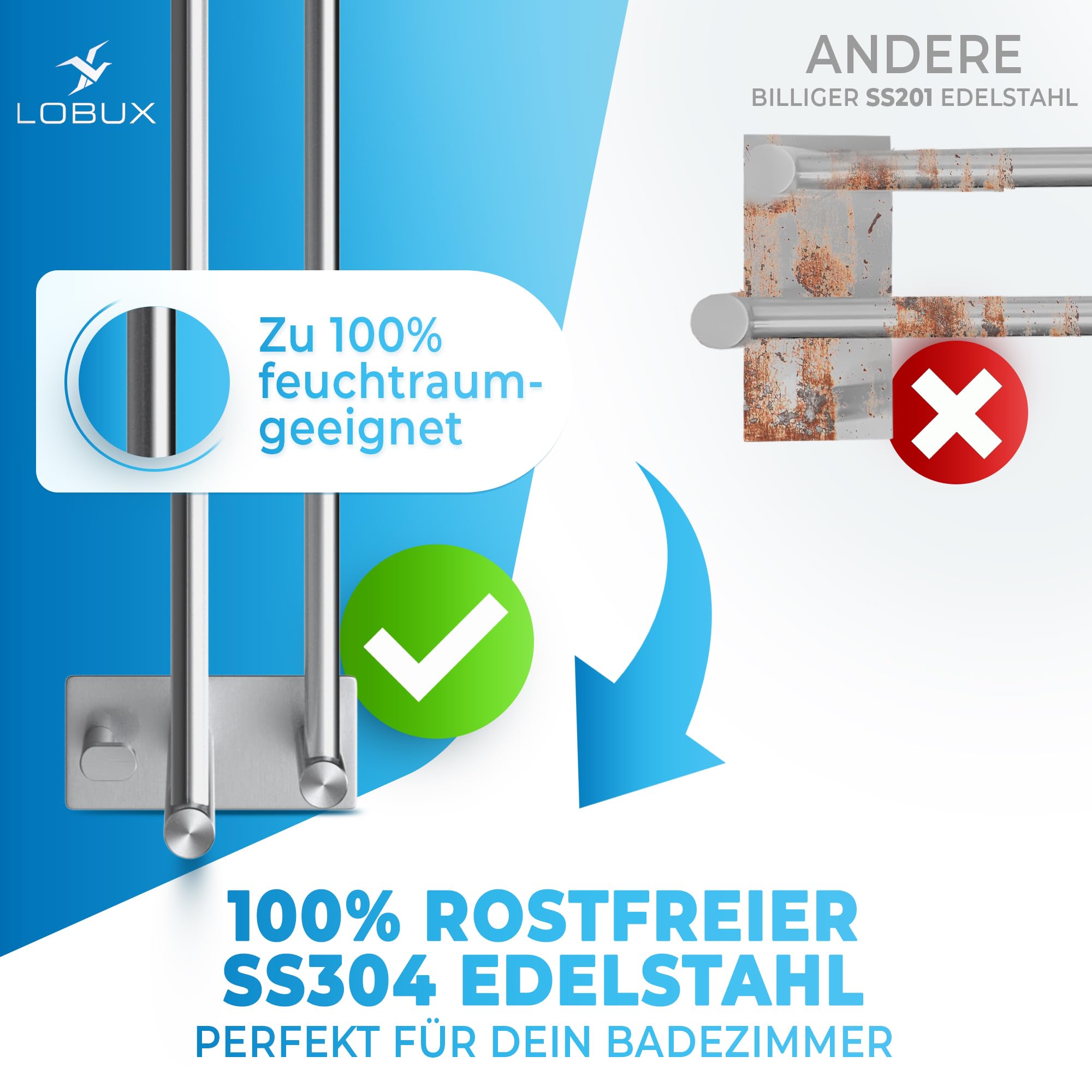 LOBUX® - Toallero sin taladrar – 80 cm, acero inoxidable – Toallero de baño doble autoadhesivo – Toallero de baño con 2 ganchos – para baño, ducha, cocina