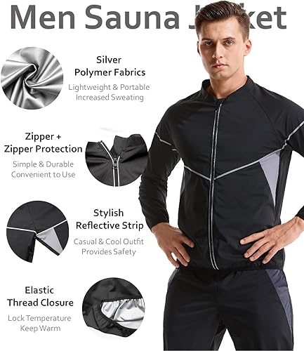 Miniatura 3 de LAZAWG Traje de sauna para hombre, chaqueta de sudor de manga larga con cremallera, sudadera para gimnasio, fitness, sauna