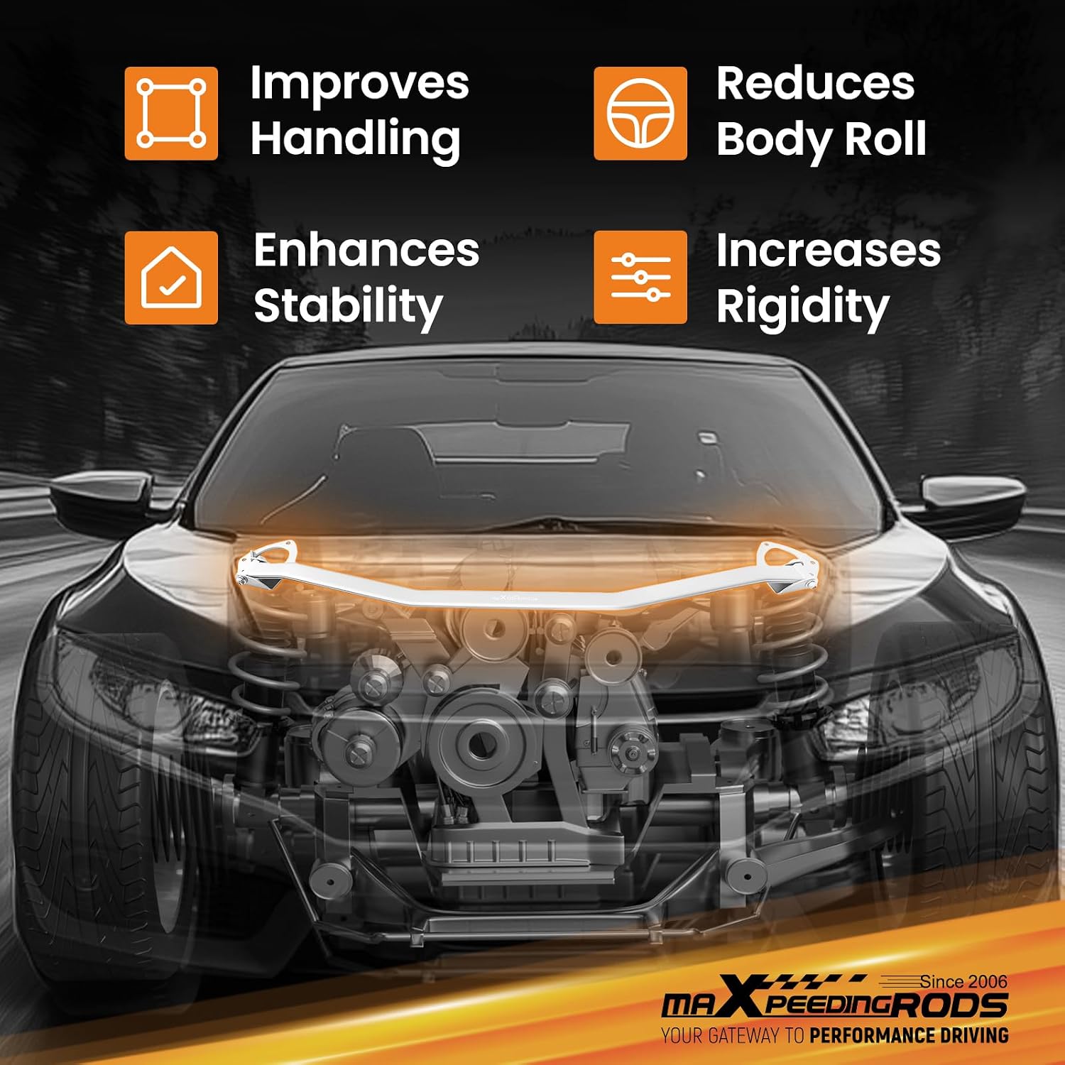 maXpeedingrods Front Upper Strut Tower Bar for Mazda 3 2010-2013, Aluminum Powder Coating Strut Tower Brace, Metallic Silver