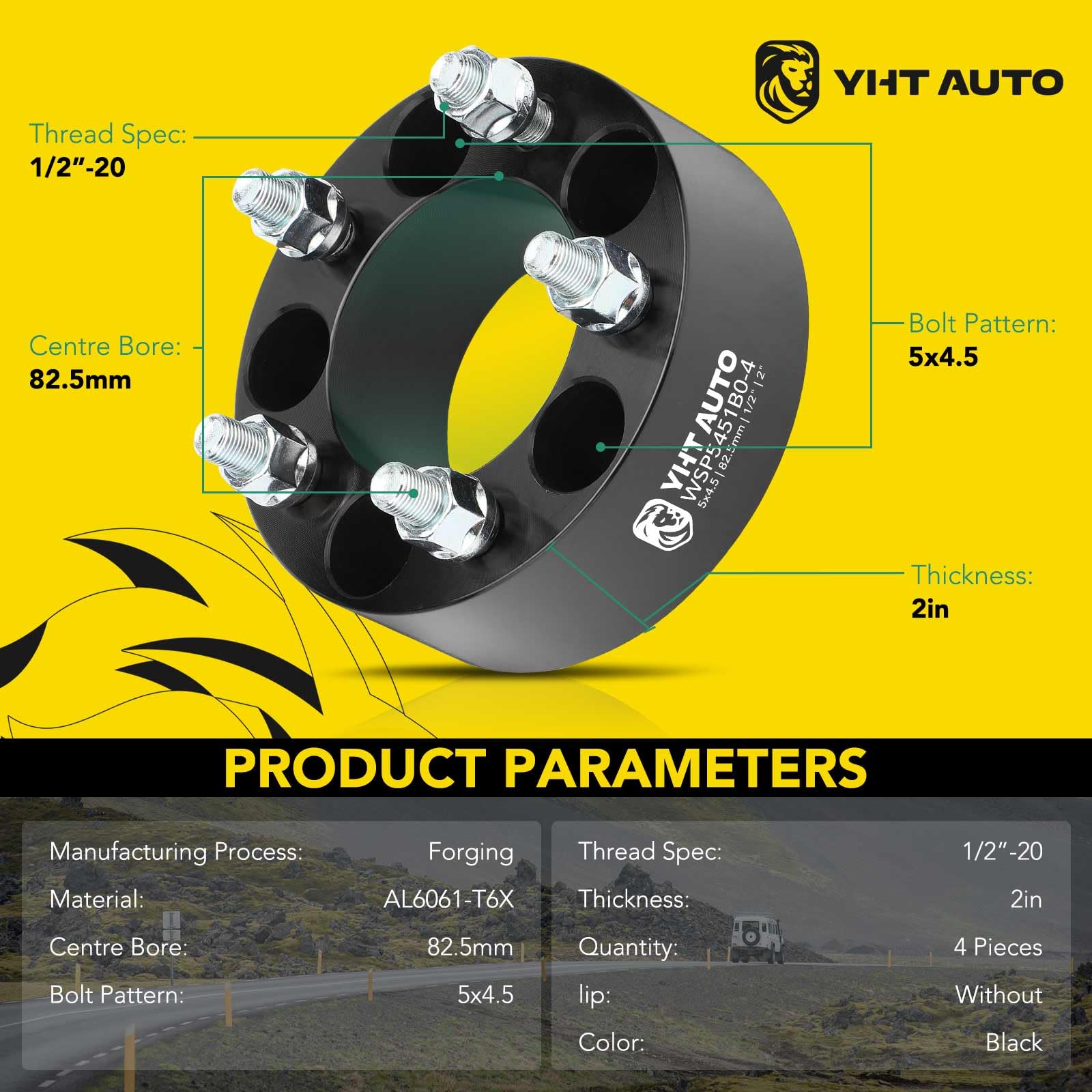 4PCS 2-inch Wheel Spacers 5x4.5 To 5x4.5 - 1/2-20 Studs & 82.5mm Center Bore For Jeep TJ Ranger Explorer