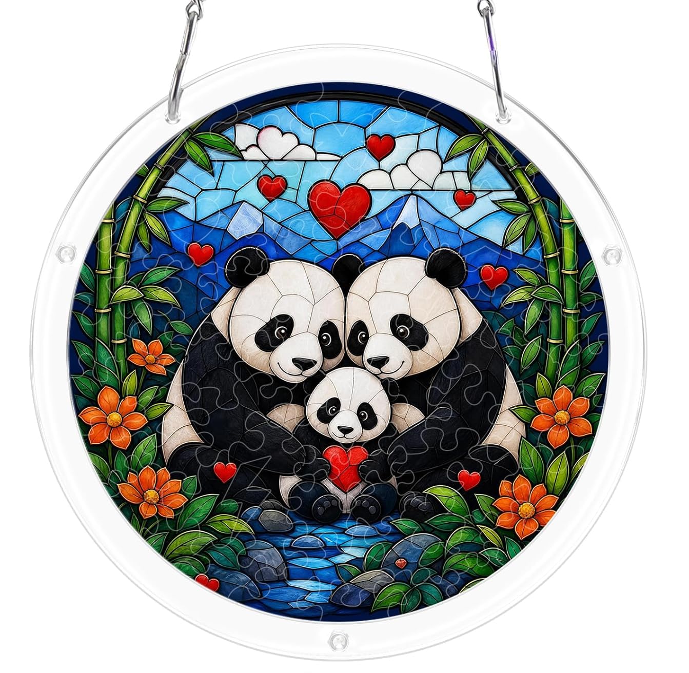 Panda Family Acrylic Jigsaw Puzzles Suncatcher, 7.4 Inch Window Hanging Suncatcher Acrylic Puzzle, DIY Home Decor Art Gift