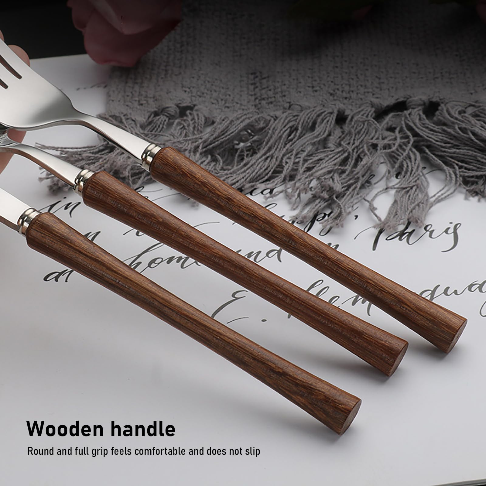 Juego de Cubiertos de Madera de Acero Inoxidable 18/10 con Mango de Nogal y Acabado Pulido Espejo, Juego de Comedor Multiusos (Juego de 24 Piezas para 6 Personas)