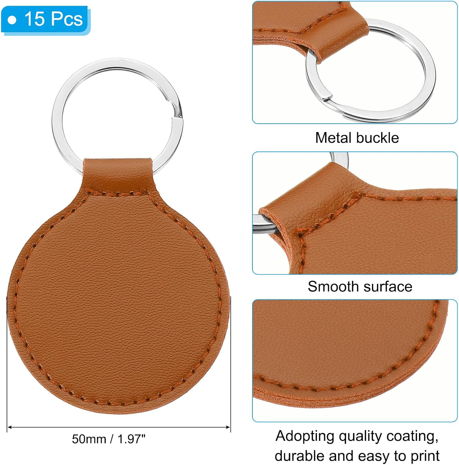 PATIKIL Leather Blank Keychains, 15Pcs Round Keychain Blanks Double Side Laser Engraving Key Chains for Embossing, UV-Printing, DIY Craft, Light Brown - Image 2