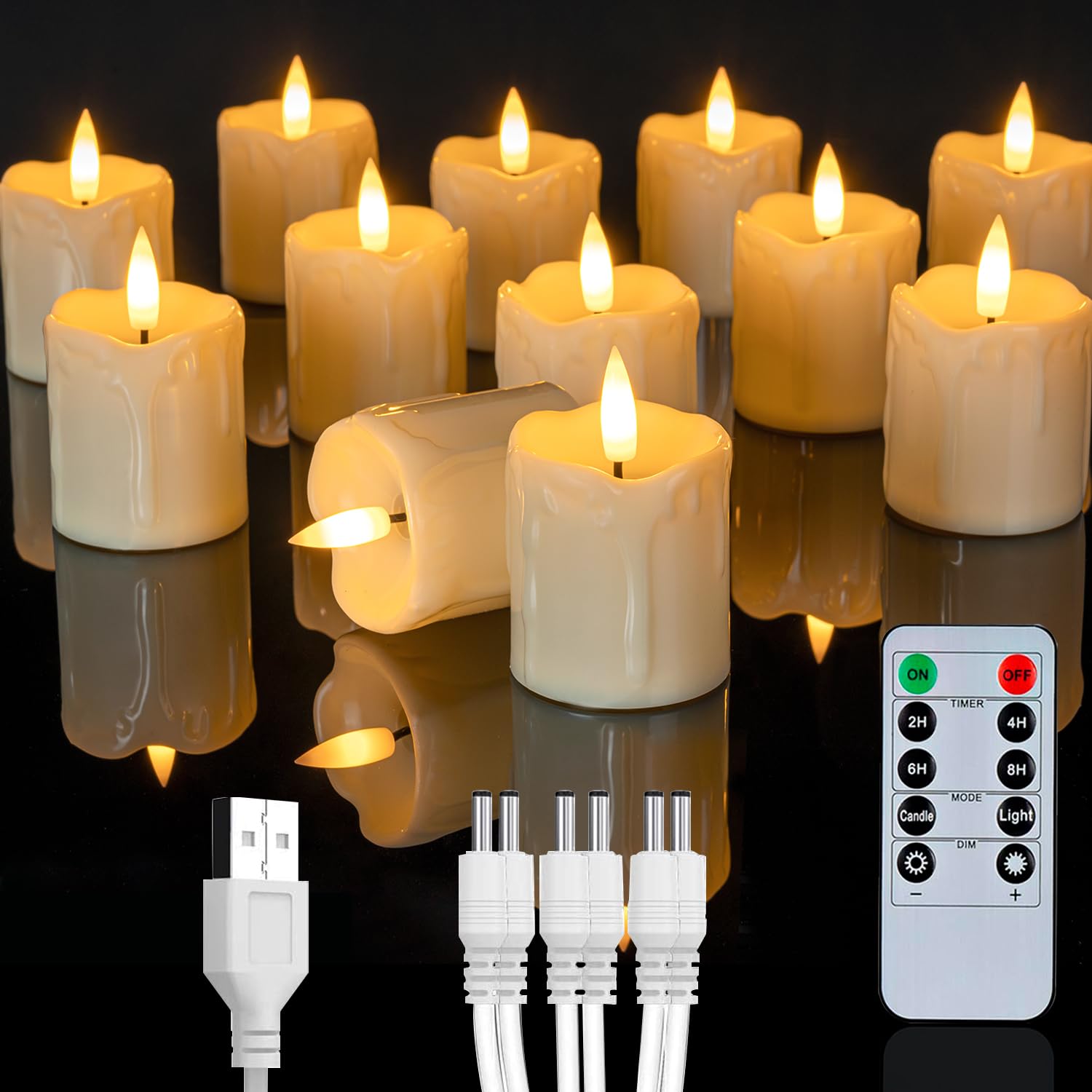Homemory Rechargeable Flameless Candles with Timer Remote, 2" x 2" Realistic Battery Operated LED Votive Tea Lights, 12Pack Electric Fake Candle in Warm White (USB Charging Cable Included)