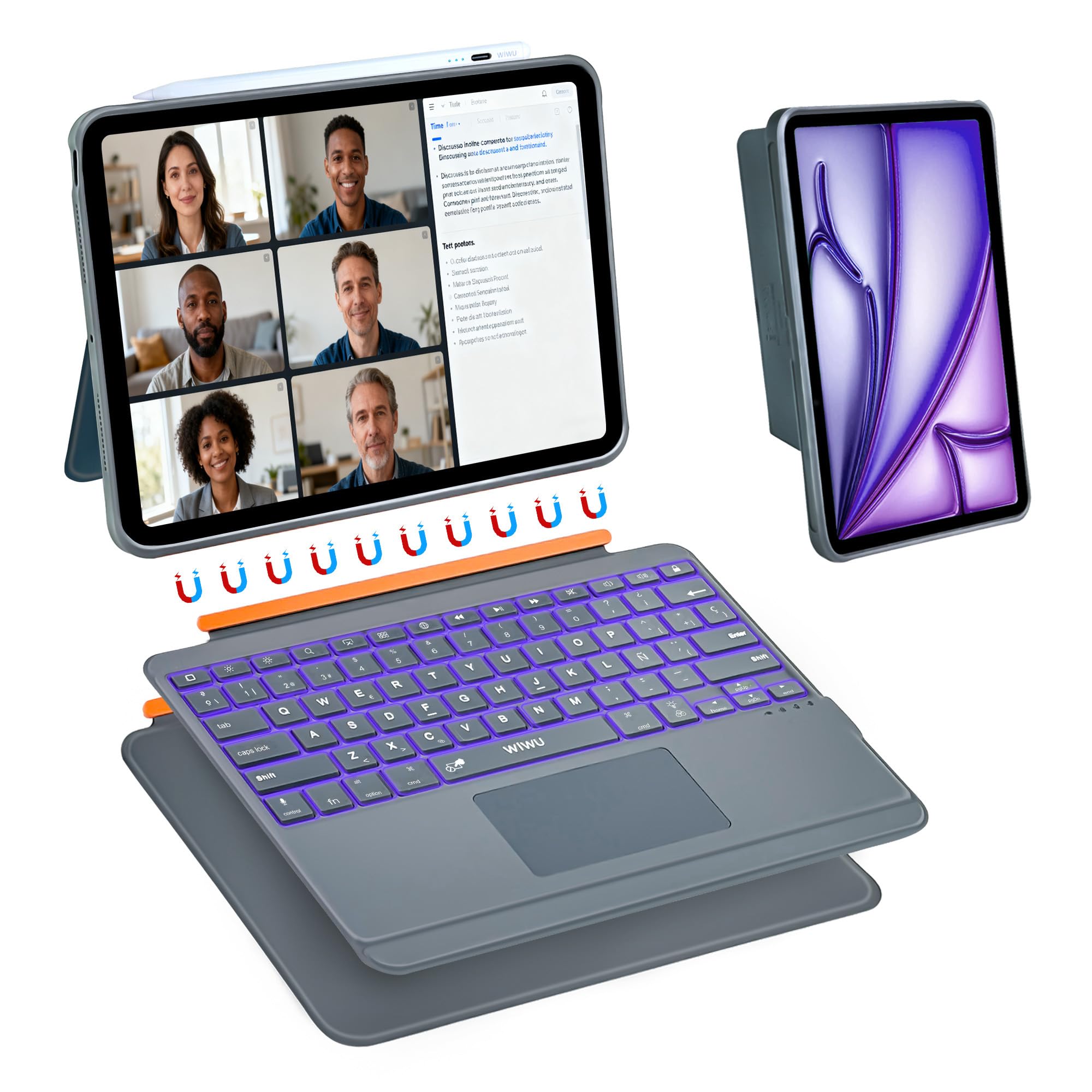 WIWU Funda Teclado para iPad Air 13 M4/M3/M2 Pro 12.9 Carcasa Magnética Teclado Desmontable Soporte Ajustable Teclas Retroiluminadas 7 Colores Trackpad (Gris, iPad Air 13" M4/M3/M2 Pro 12,9" 6/5/4/3)