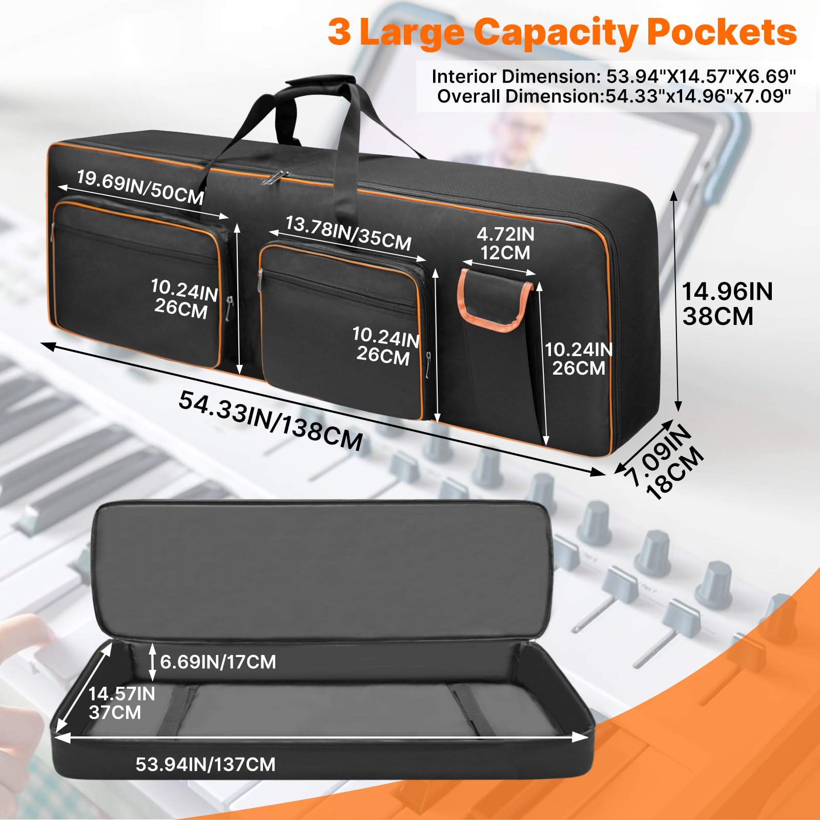 LIWSHWZ 88 Key Keyboard Case,10mm Pearl Cotton Full Padded Electric Piano Keyboard Gig Bag with Handles,Adjustable Shoulder Straps,53.9