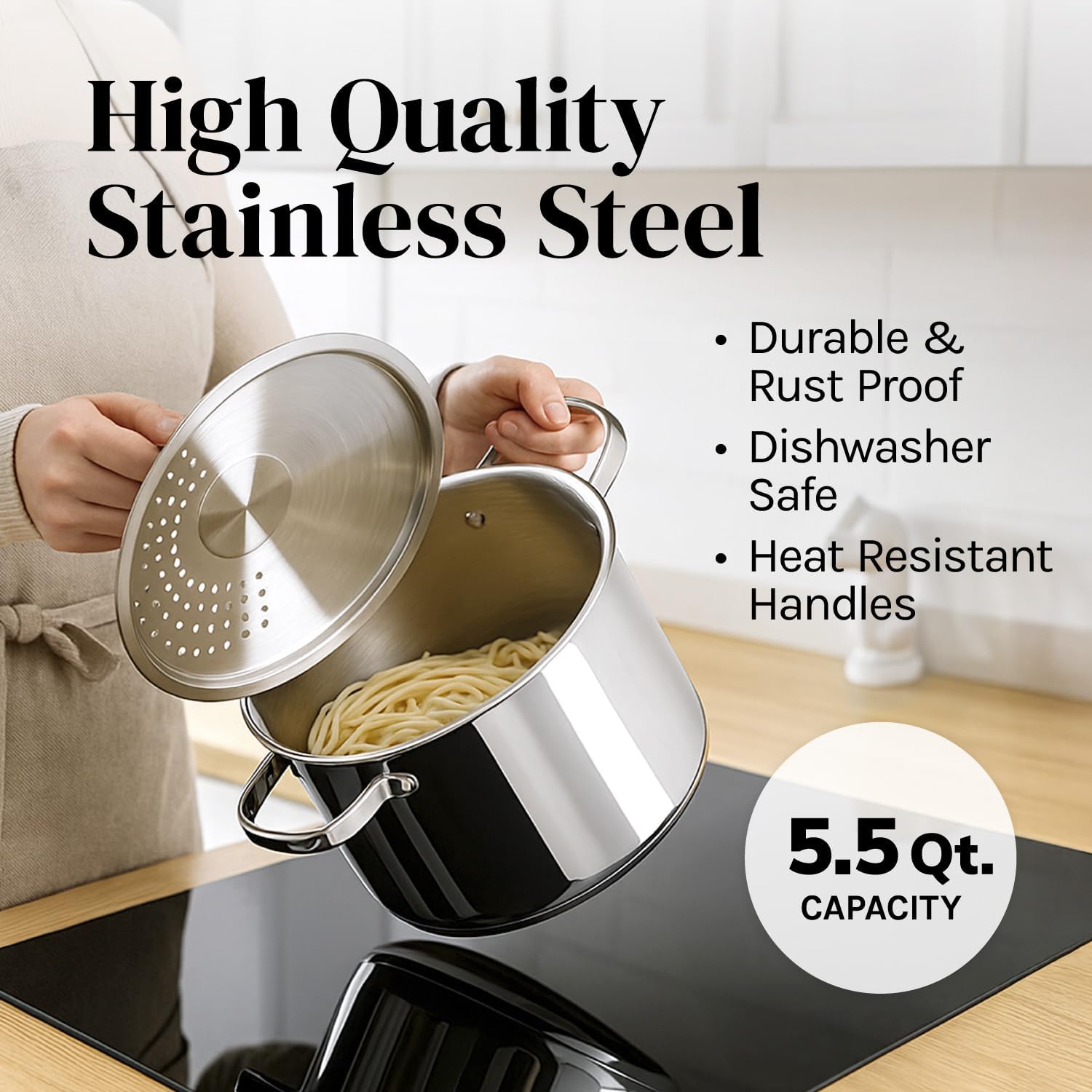 Stainless Steel Pasta Pot with Strainer Lid — 5.5 Qt Large Capacity Spaghetti Pot with Twist Lock Lid — Deep Cooking and Stock Pots for Boiling, Dishwasher Safe By Cooler Concepts