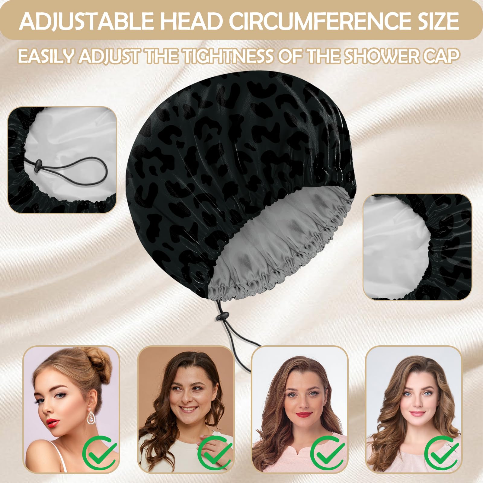 BHAHB 2 PCS Shower Cap Reusable Waterproof Double Layer Elastic Adjustable Hair Bath Caps Cute Aesthetic for Women Girls (V5-Black White Leopard) - Image 4