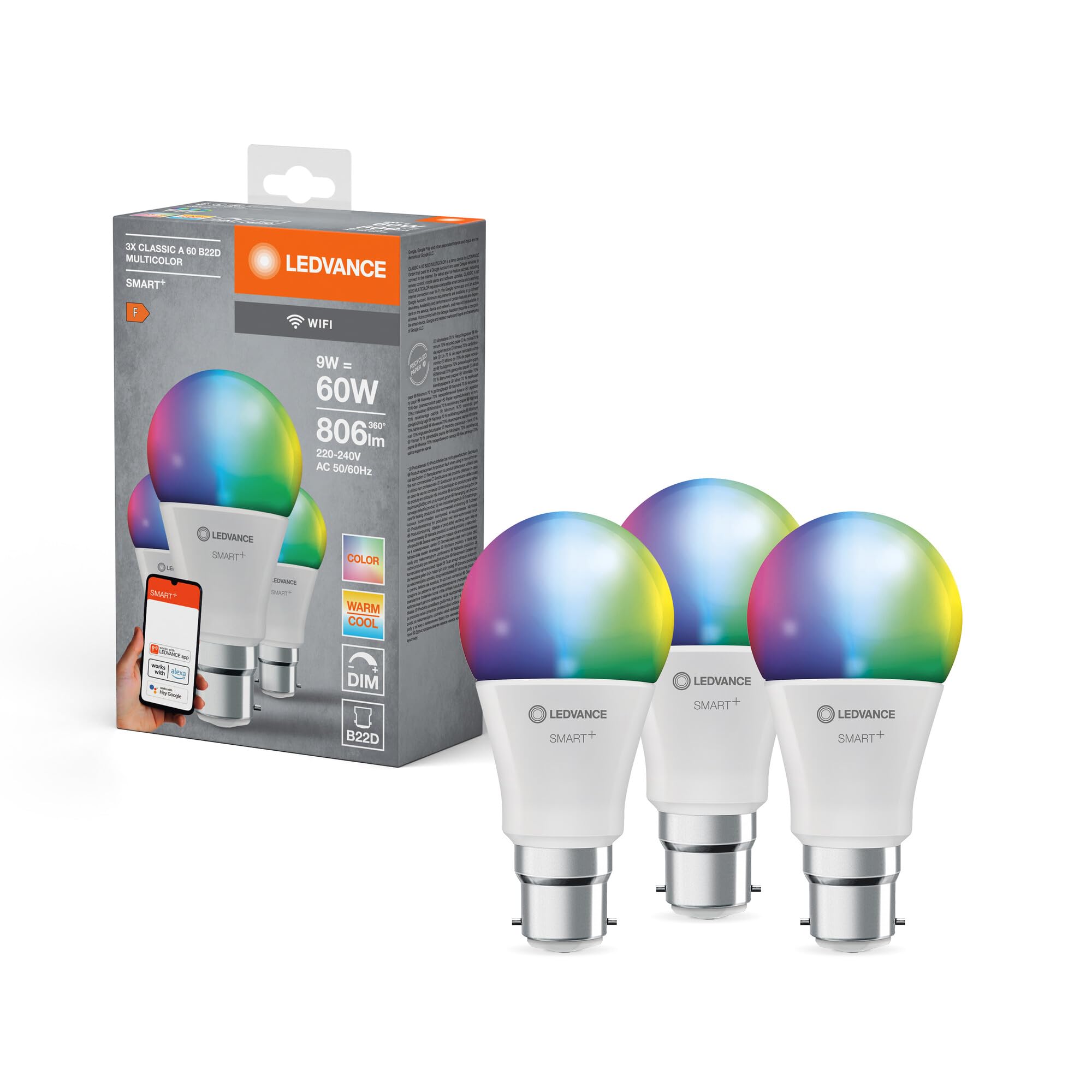 LEDVANCE Smart LED lamp with WiFi Technology, B22d-base matt Optics ,RGBW Colours Changeable, Light Colour Changeable (2700K-6500K), 806 Lumen, 60W-Replacement, Smart dimmable, 3-Pack