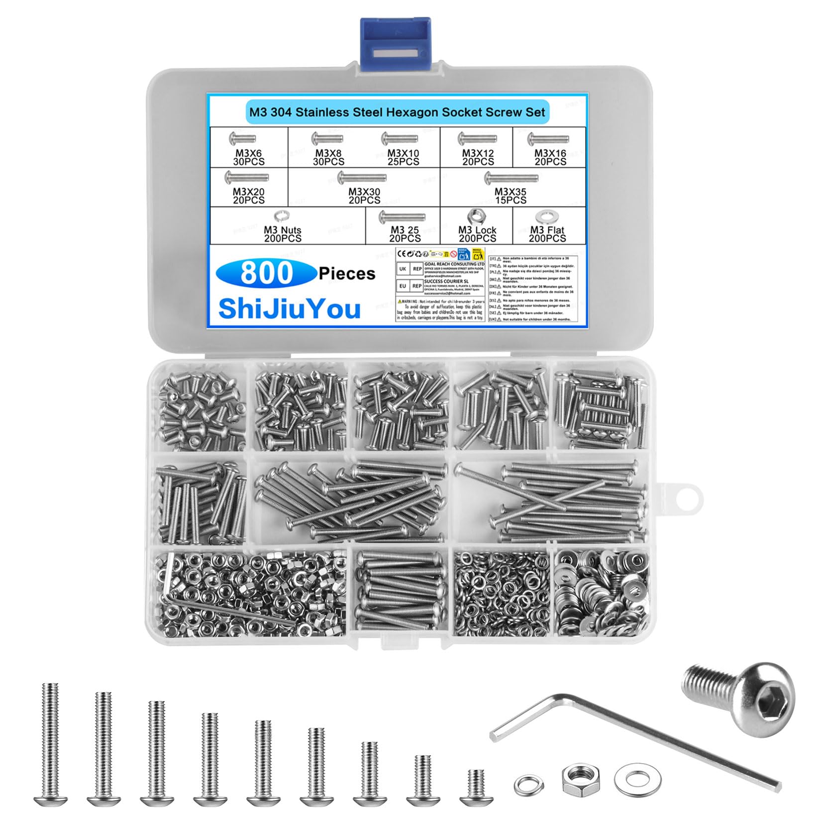 800 Pcs M3 Screws Set, Assorted Nuts and Bolts, Stainless Steel Bolts and Nuts Set, Hex Socket Button Head Cap Screws with Washers, Hex Machine ScrewsAllen Key BoltsSet