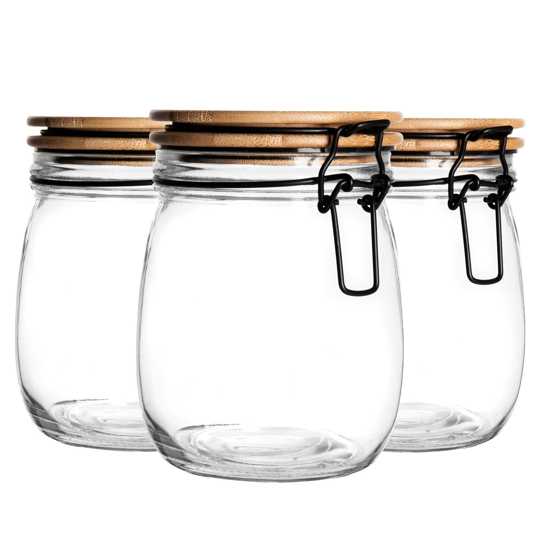 Argon Tableware Glass Storage Jar with Airtight Wooden Clip Lid - 750ml - 3 Pack - Kitchen Container Round Preserving Jar for Pickling, Chutney, Jam, Coffee, Oats