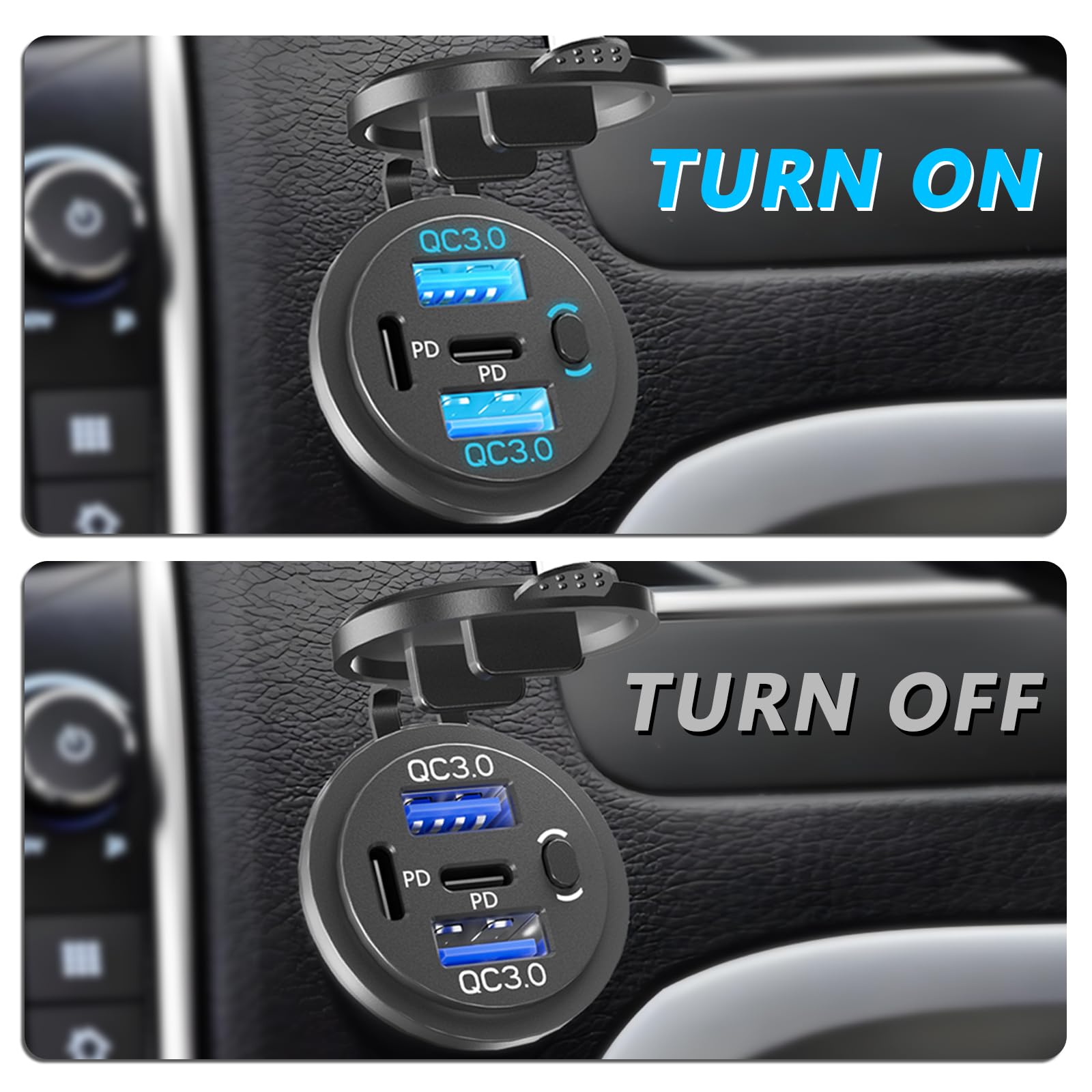 Puertos USB C duales PD y puertos USB 3.0 de carga rápida duales, salida USB de 12 V con interruptor, enchufe de cargador de coche impermeable de aleación de aluminio, accesorios para coche, barco,