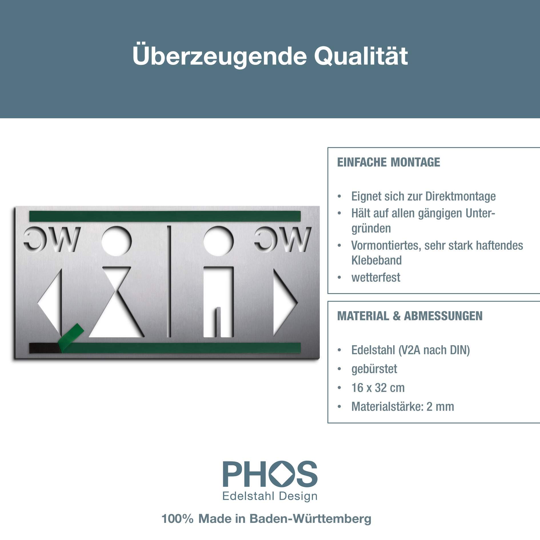 WC Wegweiser, 16 x 32 cm, Herren Damen Toilette, Edelstahl gebürstet matt, selbst klebend, ohne Bohren, Toilettenschild, WC Aufkleber, Richtungsweiser, 100% Made in Germany - PHOS Design