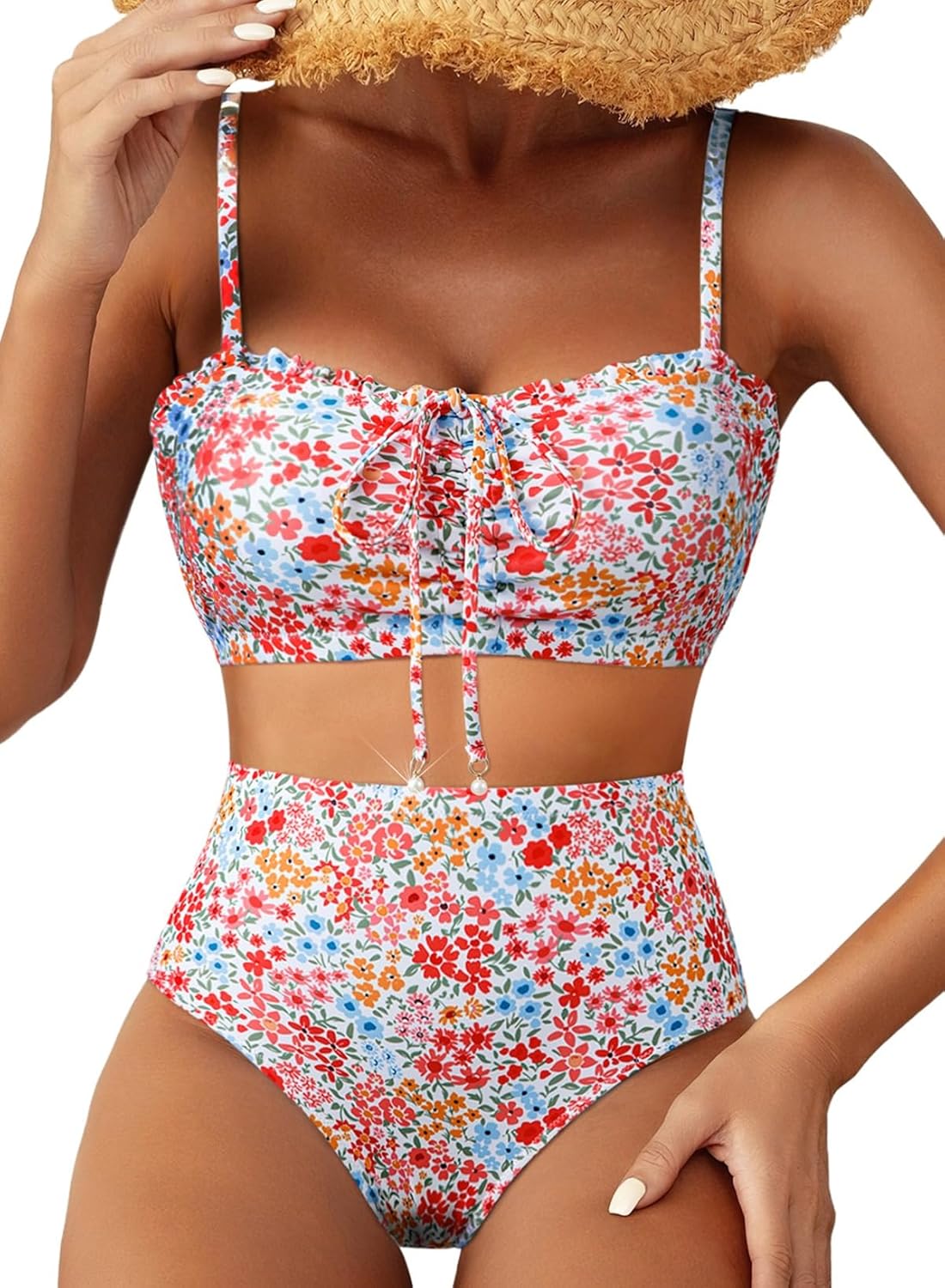 Herseas Women's Floral Print Bikini Sets Lace Up Front 2 Piece High Wasited Swimsuits Ruched Ruffle Trim Bathing Suit