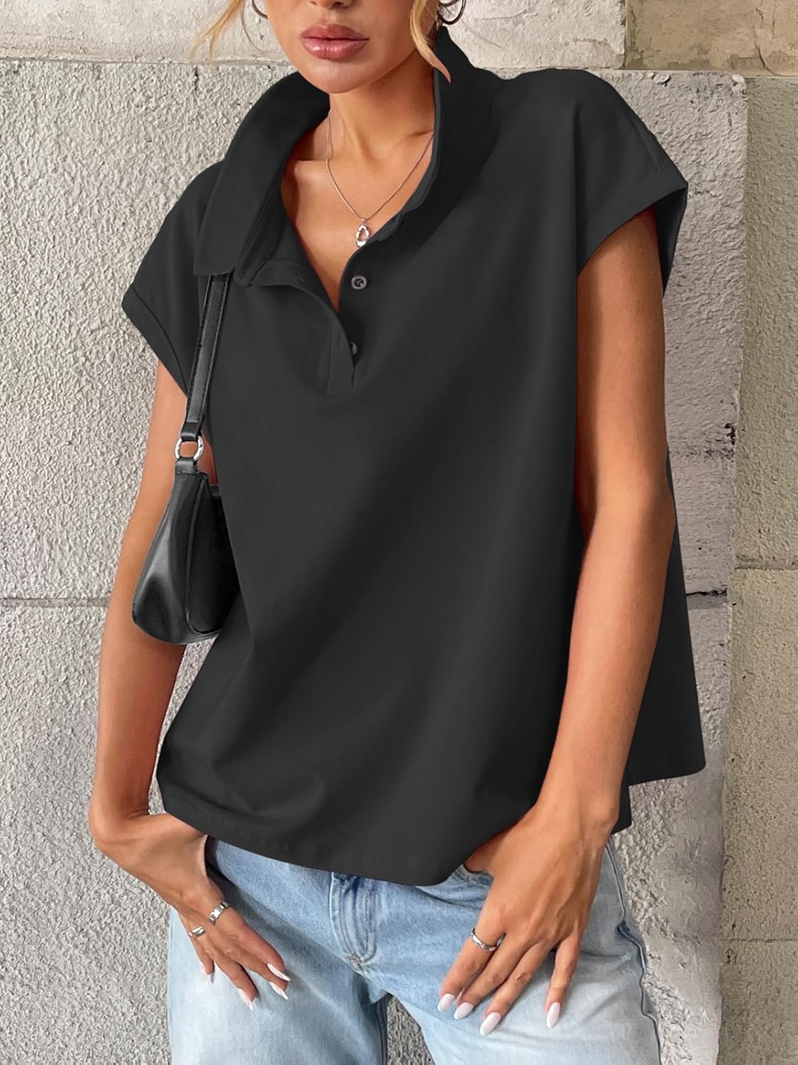 Womens Cotton Cap Sleeve Polo Shirts Oversized Short Sleeve Henley Neck Tops Summer Loose Fit Boxy Tees - Image 6