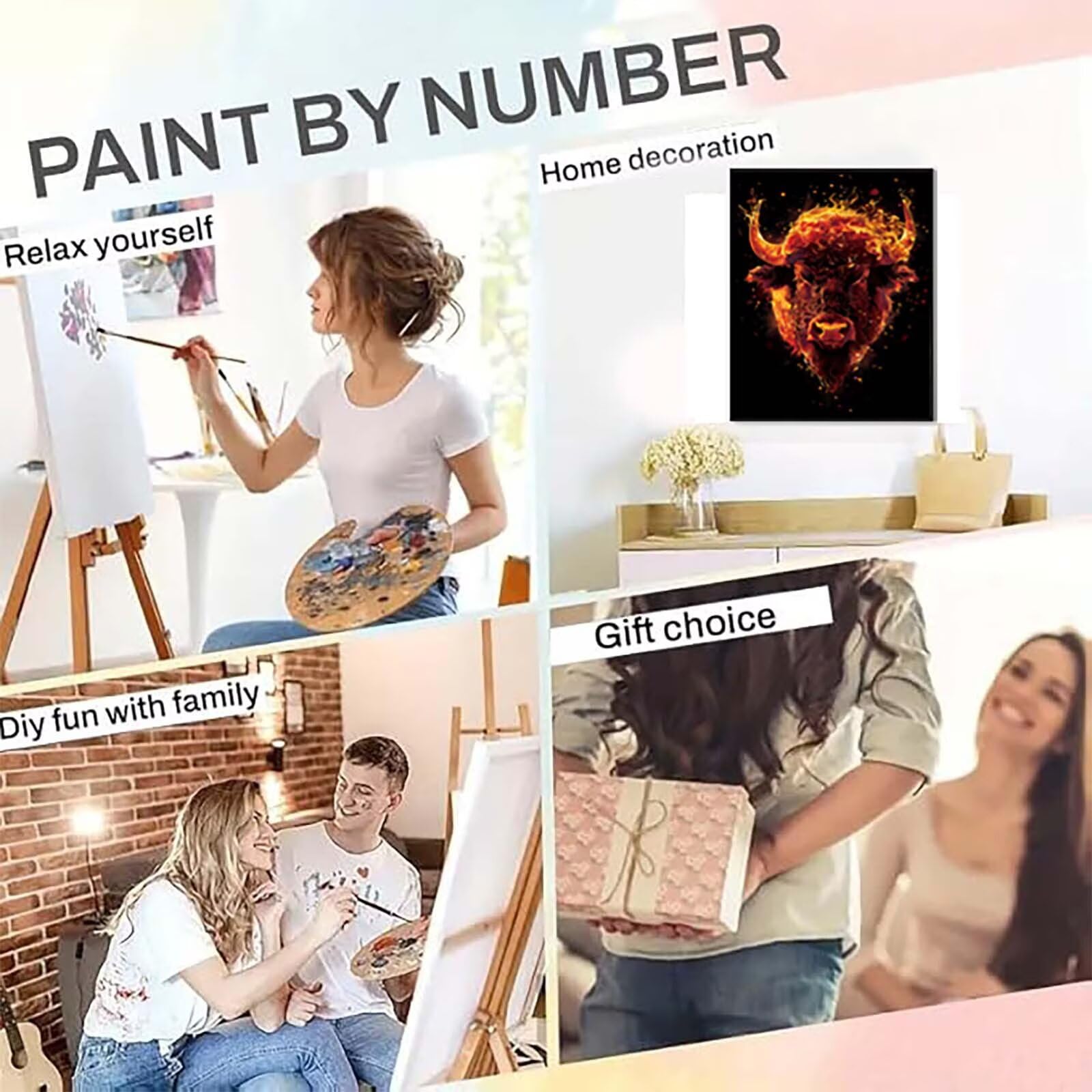 Peinture Numero Bœuf Paint by Numbers Animal Peinture par Numero Adulte Facile Sur Toile avec 3 Pinceaux et Acryliques Loisirs Painting by Numbers pour Decoration Maison, Cadeau 100cm x 135cm -252gMQ