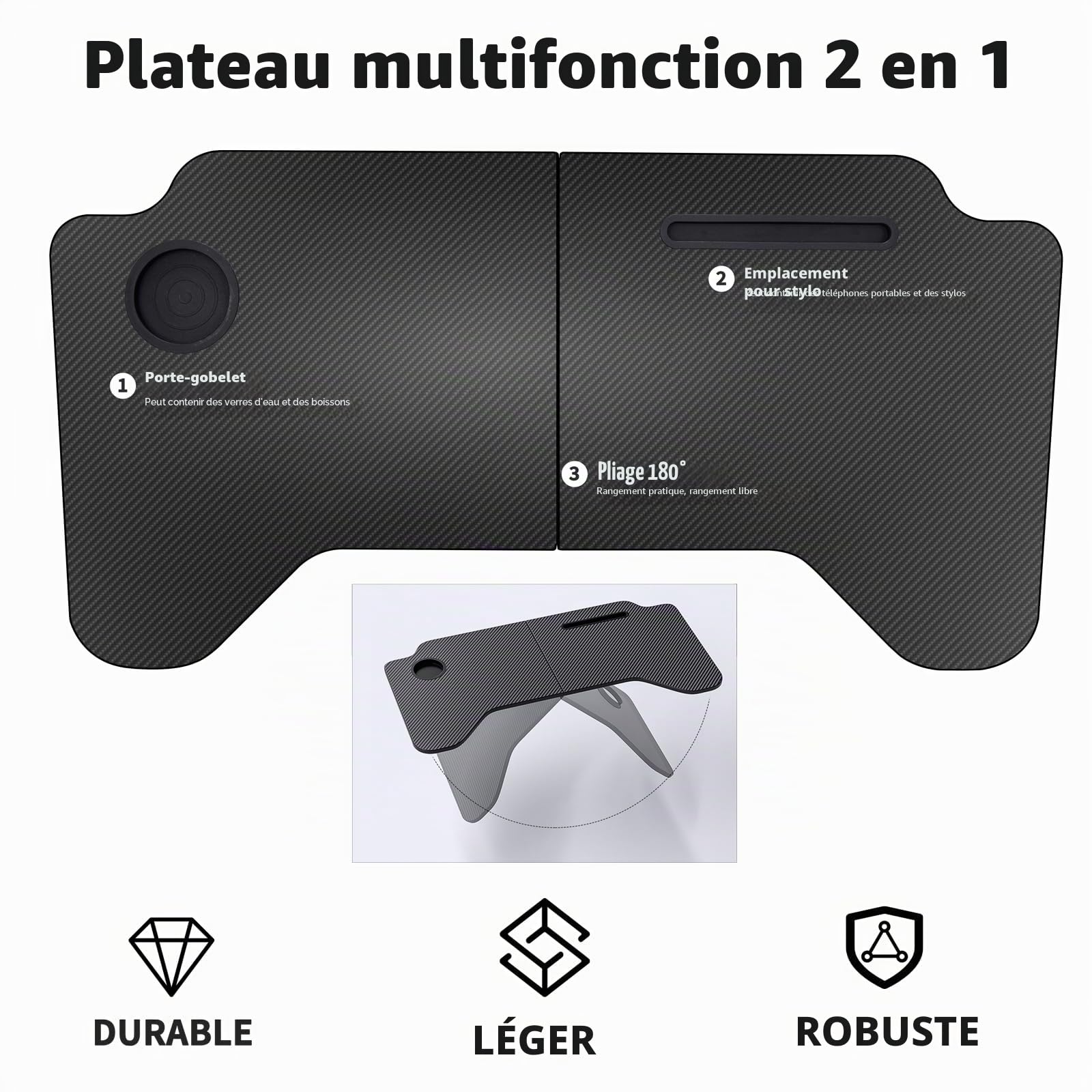 Bureau d'ordinateur Portable de Voiture pour Tesla Model 3 Model Y, Table de Travail Pliable pour Ordinateur Portable, Plateau de Volant, Plateau en Fibre de Carbone pour Travailler, Lire, Manger
