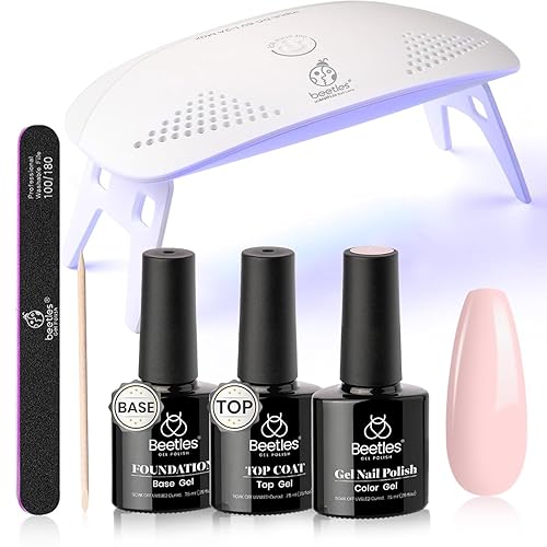 Beetles - Kit inicial de esmalte de gel semipermanente para uñas rosado con lámpara LED ultravioleta, capa de base y lima, para decorar tus propias