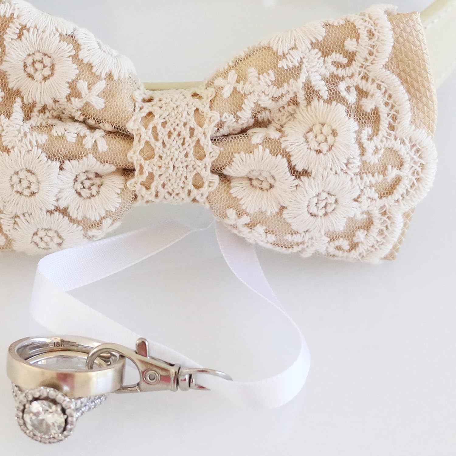 Champagne Lace Dog Bow Tie collar, Dog ring bearer, Pet Wedding accessory, Proposal, Dog collar, Lace, Handmade, Leather collar