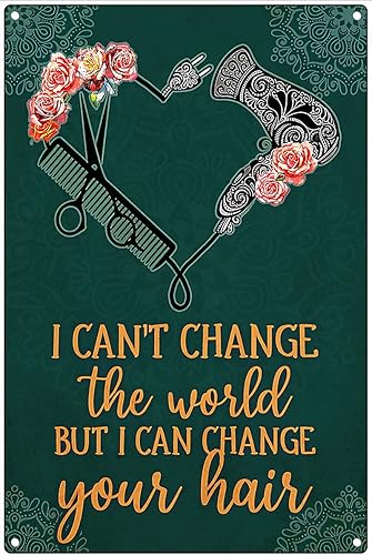 Letrero de lata de pintura vintage con texto en inglés "I Can't Change The World But I Can Change Your Hair", salón de belleza, peluquería,