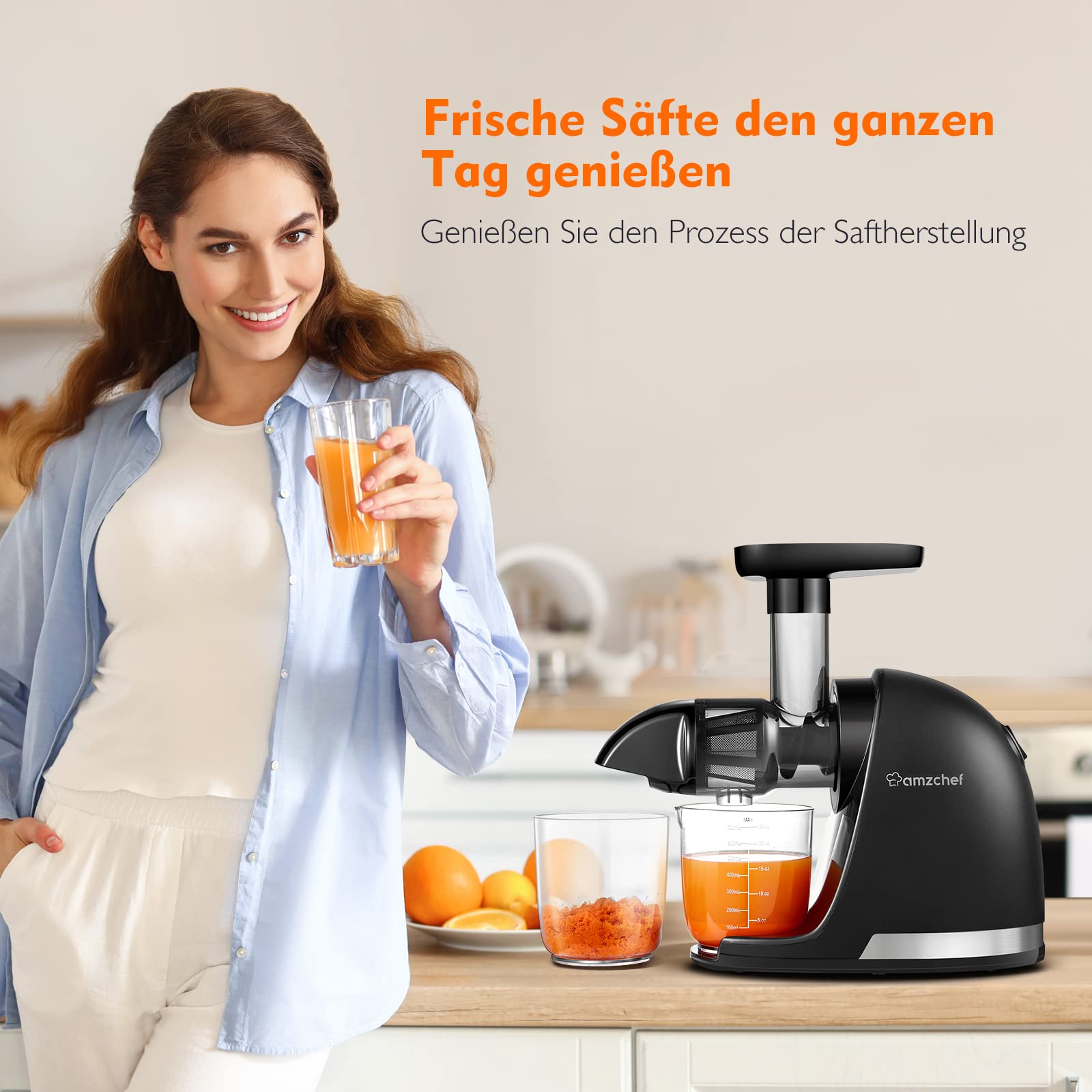 Amzchef Entsafter Gemüse und Obst Testsieger - Entsafter Slow Juicer mit Rückwärts-Kau-Funktion - Zartes Zerkleinern ohne Filtern - Saftpresse Elektrisch mit Bürste und 2 Tassen - Mattschwarz – Bild 2