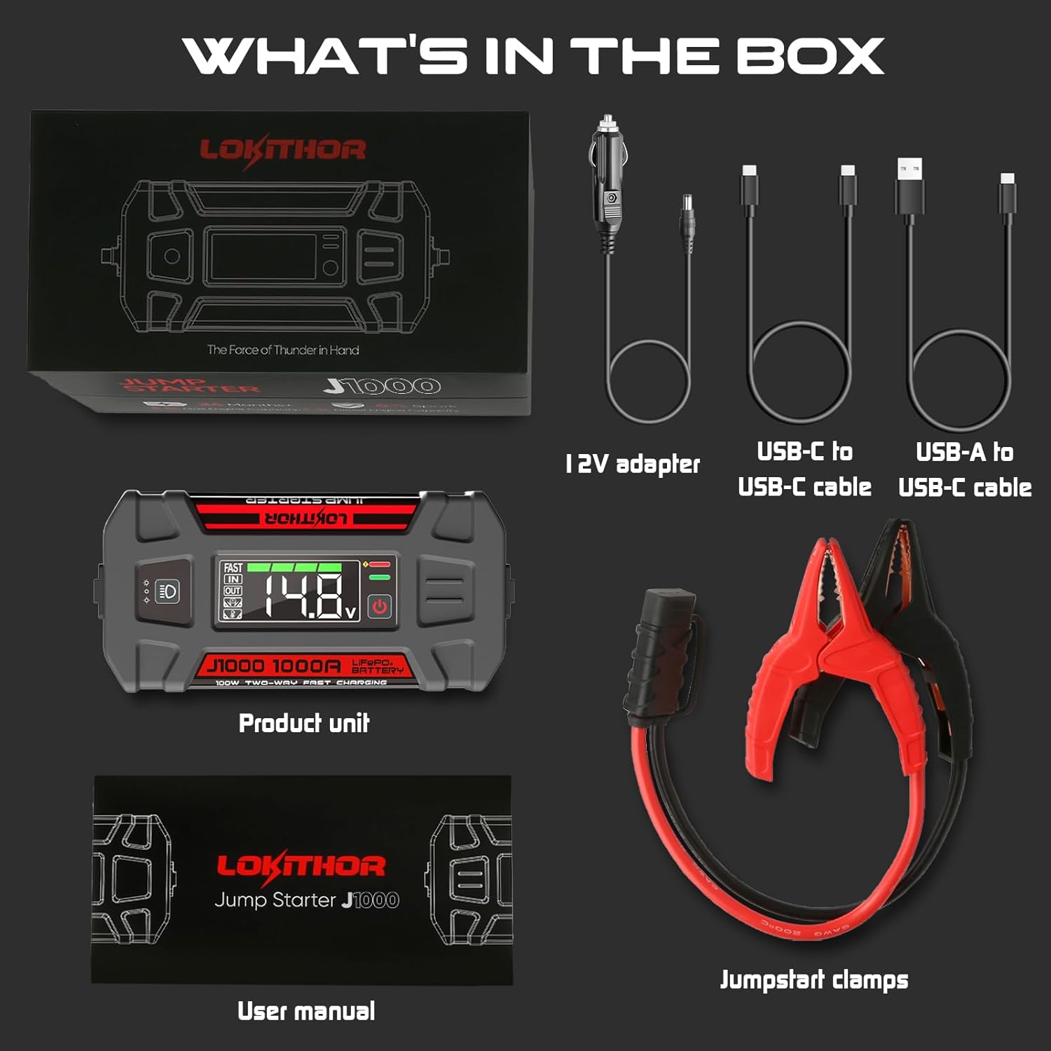 Contents of the LOKITHOR J1000 Jump Starter box