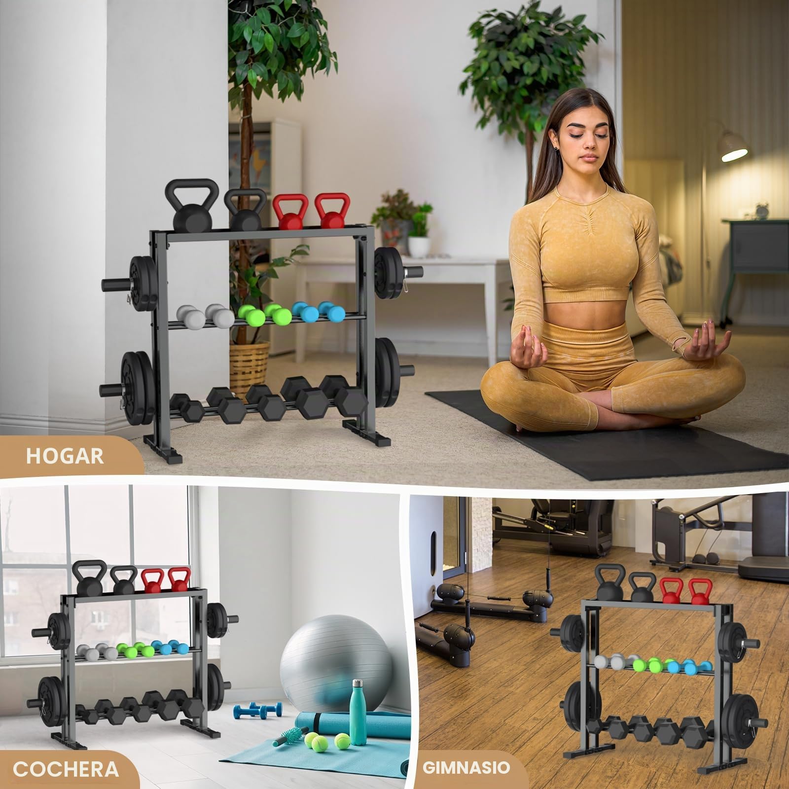 WINNOW - Estante para mancuernas de 3 niveles, para gimnasio en casa, almacenamiento de pesas para mancuernas, pesas rusas y placas de pesas