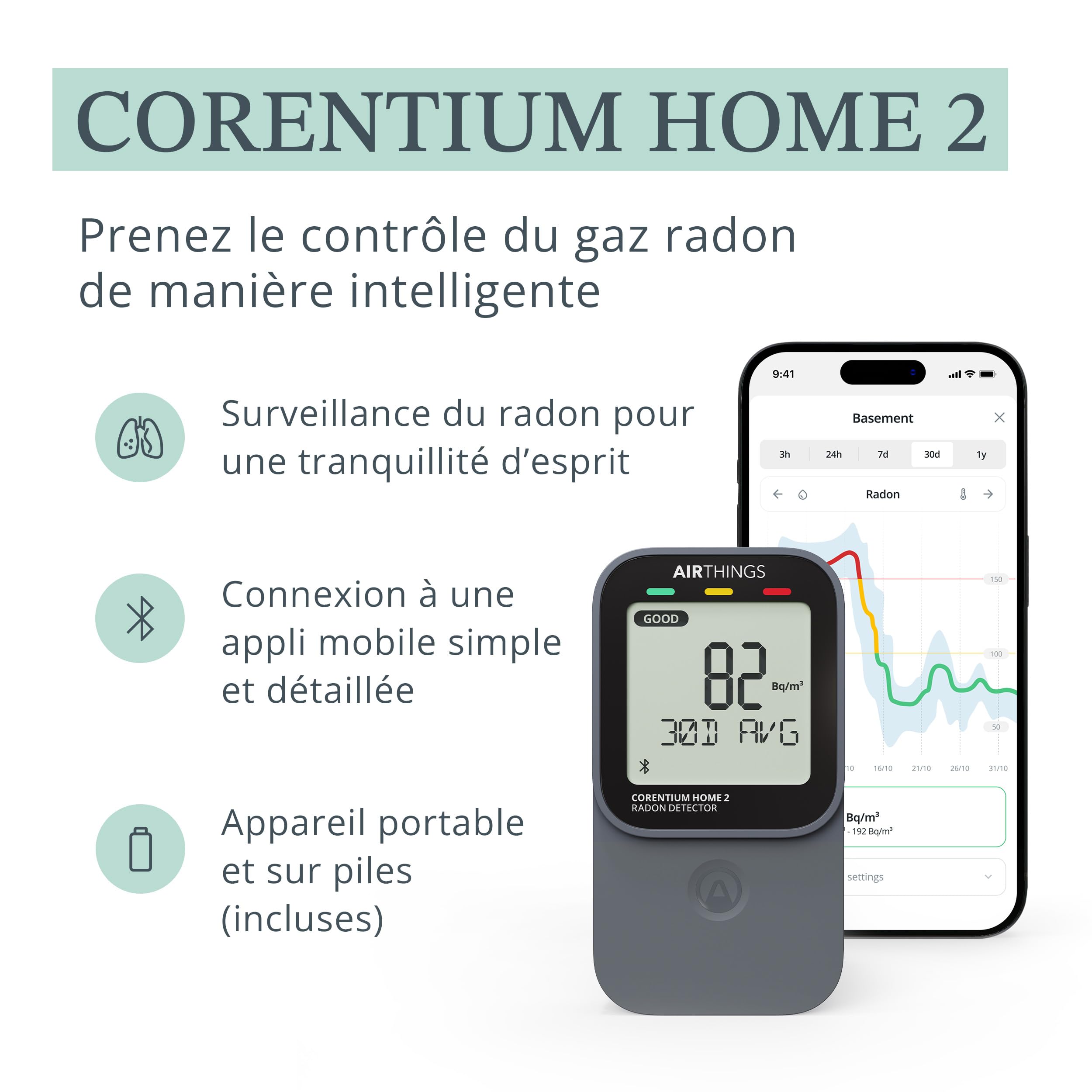 Corentium Home 2 Airthings - Détecteur de Radon numérique Intelligent - Portable et Facile à Utiliser avec connectivité Bluetooth et capteurs d'humidité et de température