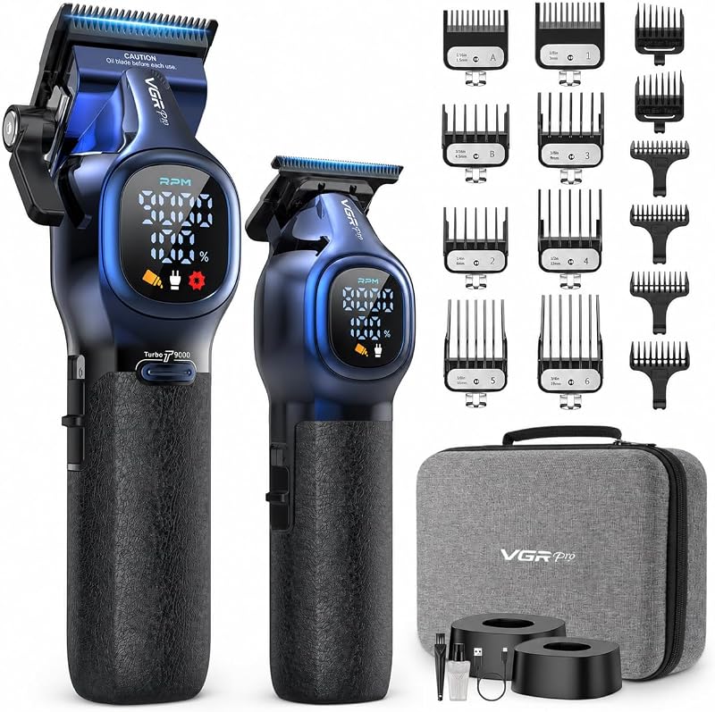 VGRPRO Professional Hair Clippers for Men, Cordless Clipper and Trimmer Set | 9000RPM Grooming Kit,EVA Case, LED display, DLC blades, Charging Base,14 Guide Combs (including Right & Left Ear Taper Combs)