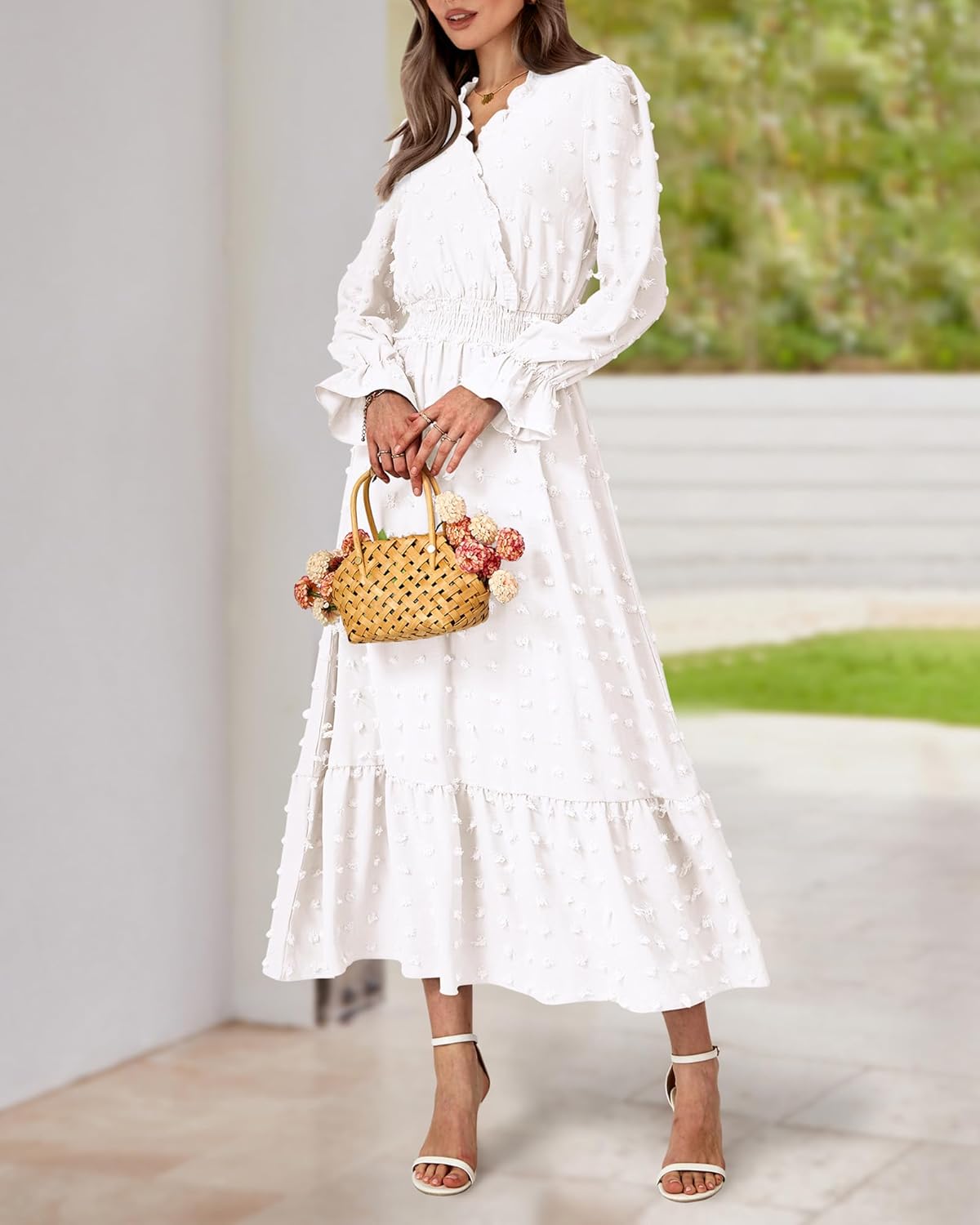 BTFBM Women Spring Maxi Dresses 2026 Long Sleeve V Neck Swiss Dots High Waisted A-Line Ruffle Boho Long Dress Vacation - Image 4