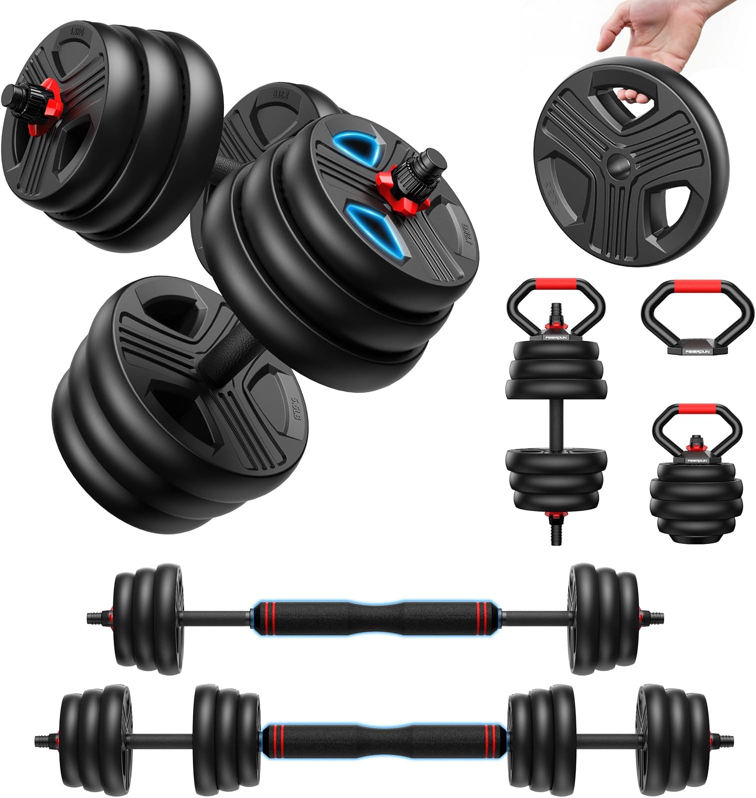 FEIERDUN 5-in-1 Adjustable Dumbbell Weight Set 10kg-40kg for Men/Women