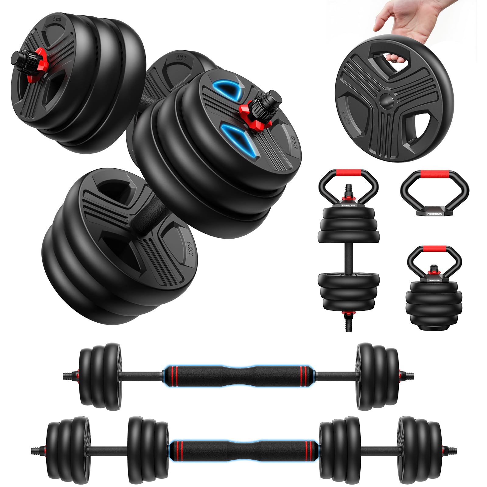FEIERDUN Regulowany zestaw hantli 20/35/45/55/70/40,8 kg, 5 w 1, jako hantle kulowe, długie hantle, podpórka do pompek, ćwiczenia fitness do domu, studia fitness, odpowiedni dla mężczyzn i kobiet