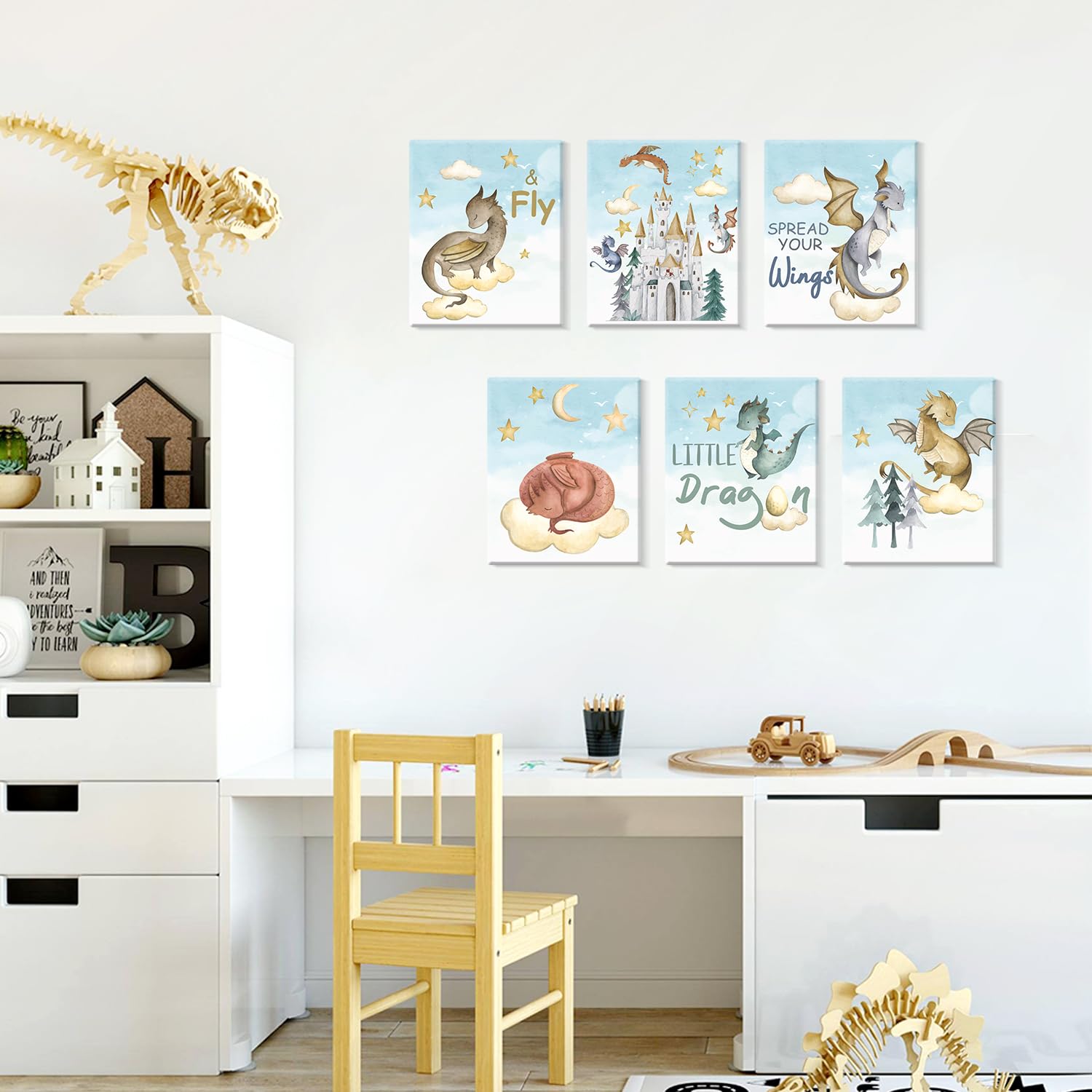 CHDITB Dinosaur Canvas Wall Art Nursery Wall Decor, Set of 6(8x10 inch) Cute Dream Dinosaur Cub Framed Art Prints, Baby Dinosaurs Cartoon Castle Animals Poster for Children's Boy Kids Room Bedroom