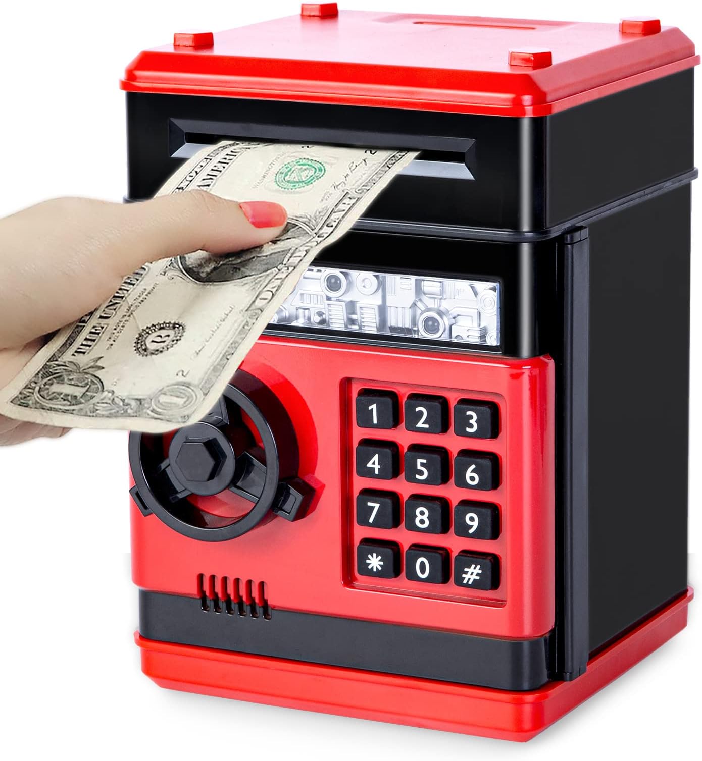 Highttoy Electronic Piggy Bank for Kids, ATM Password Money Box Safe for Kids, Toys Gifts for 3-12 Years Old Boys Girls, Red