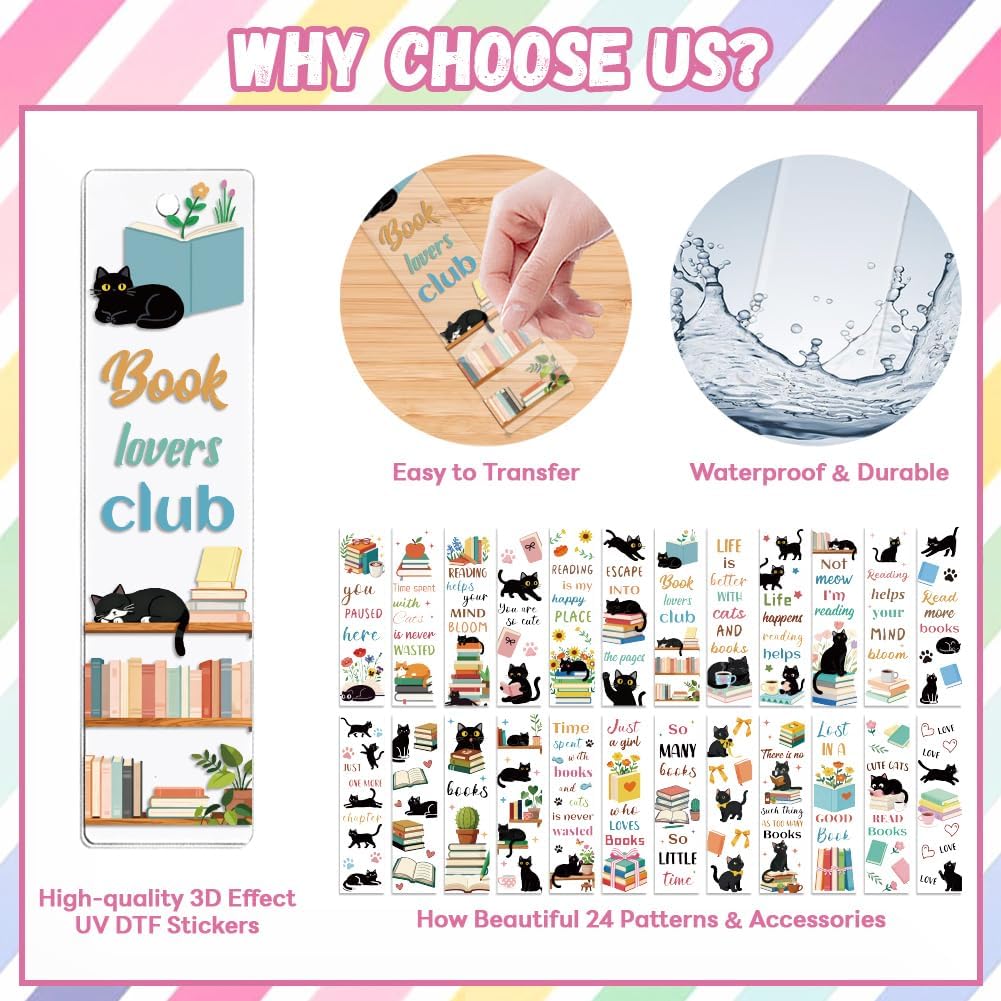 Peacoblue 121pcs Book and Cat with Plant UV DTF Acrylic Bookmark Making Kits Carft for Women Men Adult, DIY Cute Bookmarker Decal Stickers Warps Kit for Students Teachers Book Lovers Reading