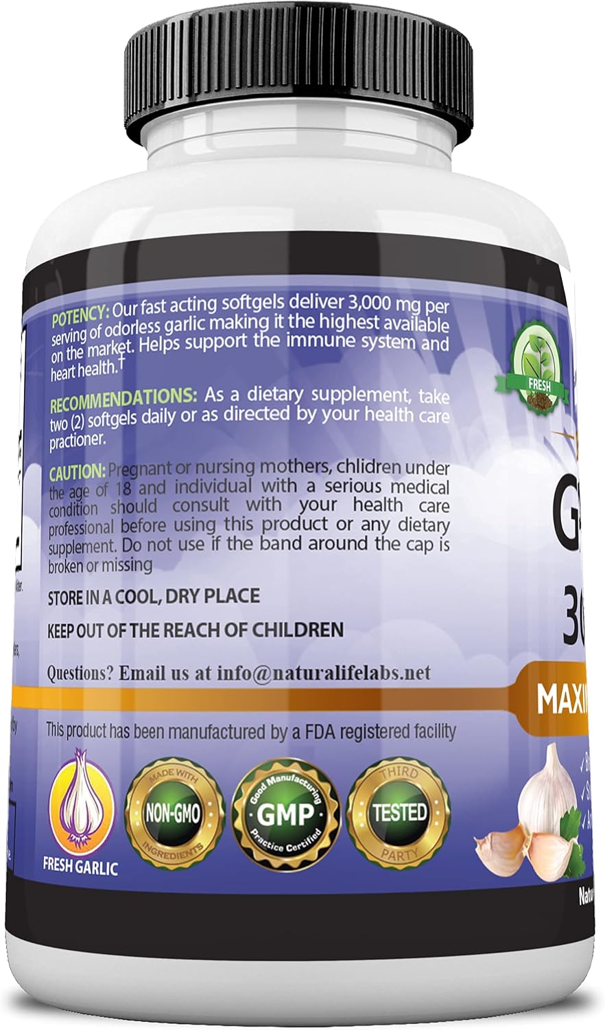 Odorless Pure Garlic 3000 mg per Serving Maximum Strength 150 Soft gels Promotes Healthy Cholesterol Levels Immune System Support : Health & Household