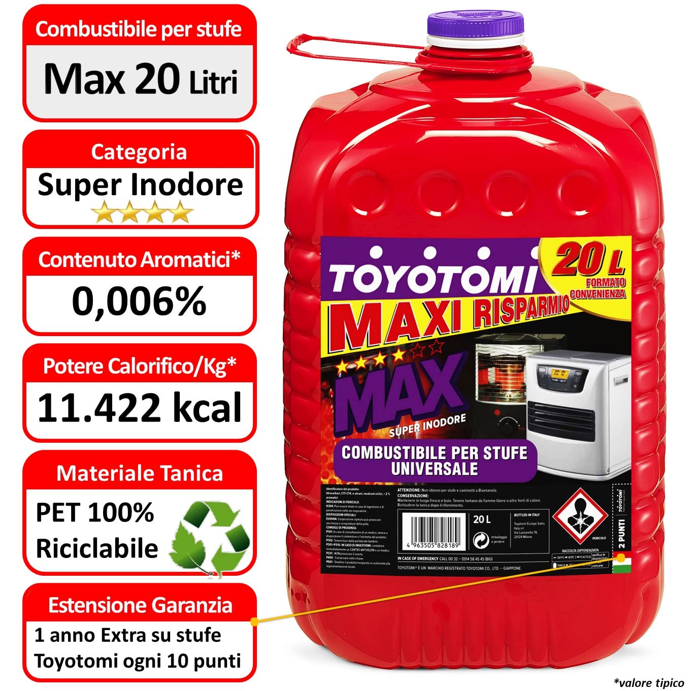 Toyotomi MAX20L Super Pure, Combustible compatible con todas las estufas eléctricas o mecánicas, Excelencia japonesa, Maxi ahorro de 20 litros