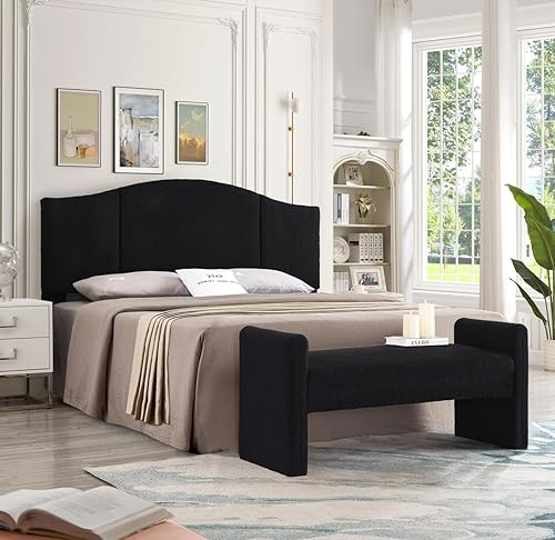 Miniatura 8 de 24KF Banco de cama tapizado moderno cubierto con tela de peluche suave Boucle, precioso banco de entrada otomano con reposabrazos, 5062-negro Banco