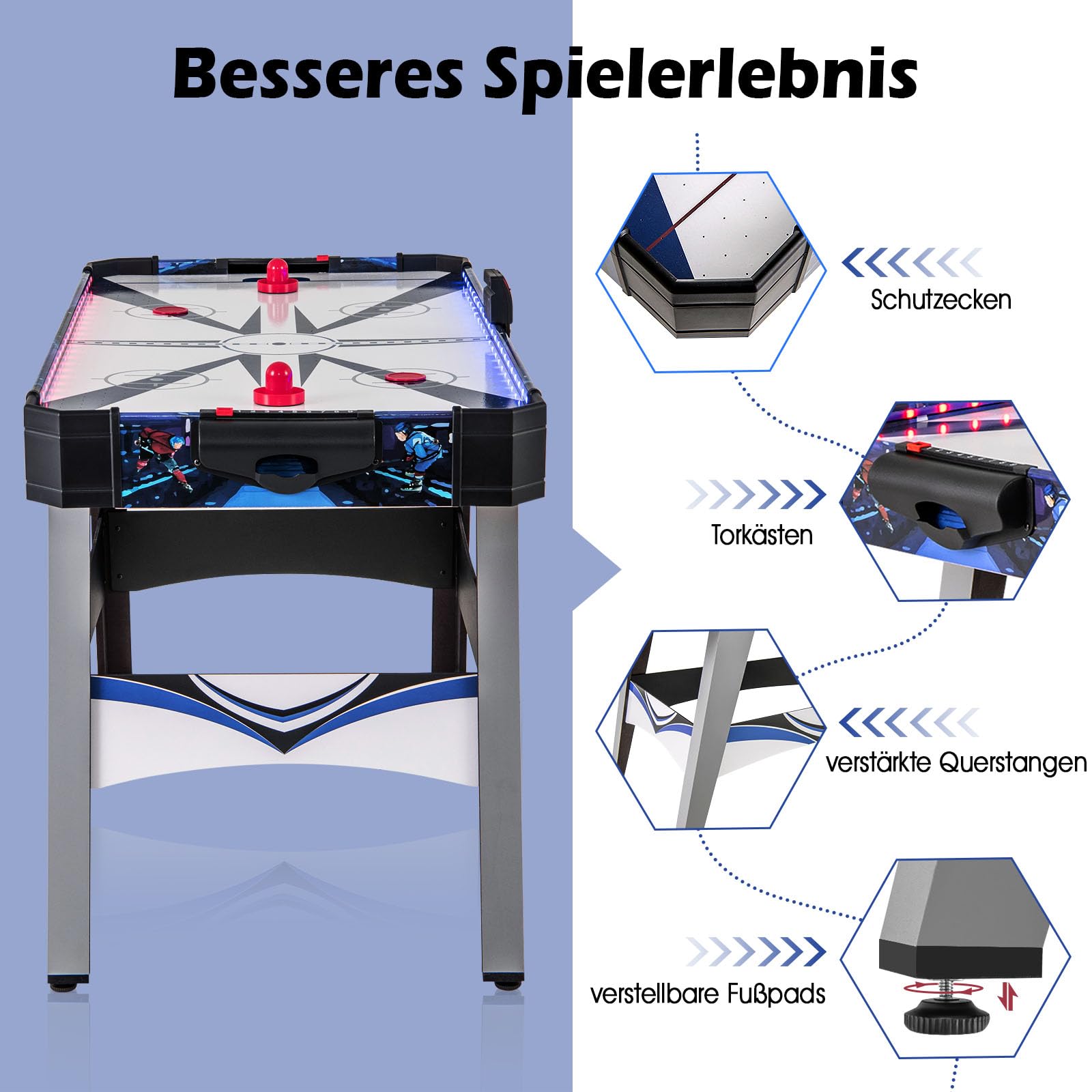 DREAMADE 137 cm Airhockey Tisch, Air Hockey Spieltisch mit LED-Lichtern, 2 Schiebern & 2 Pucks, Airhockeytisch mit 12V Motor & LED-Anzeigetafel für Spielzimmer, Zuhause & Büro, 137 x 65 x 86 cm