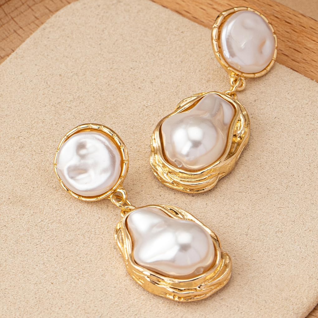 Chunky Gold Baroque Pearl Dangle Earrings for Women Vintage Pearl Statement Drop Earrings Statement Irregular Pearls Dangling Earring Jewelry Gifts - Image 5