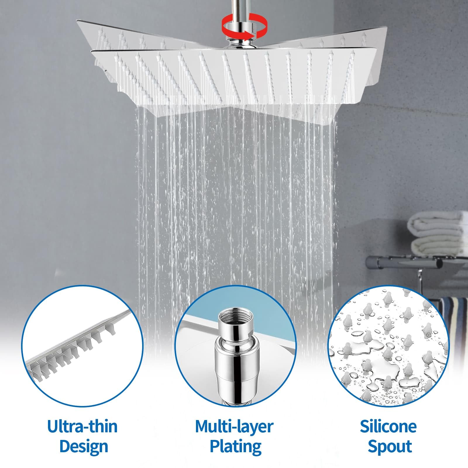 Rain Shower Head 304 Stainless Steel Replacement Rainfall Shower Heads 10'' High Pressure Rainfall Showerhead with Angle Adjustment Silicone Jets for The Ultimate Shower Experience Silvery (Square) - Image 4